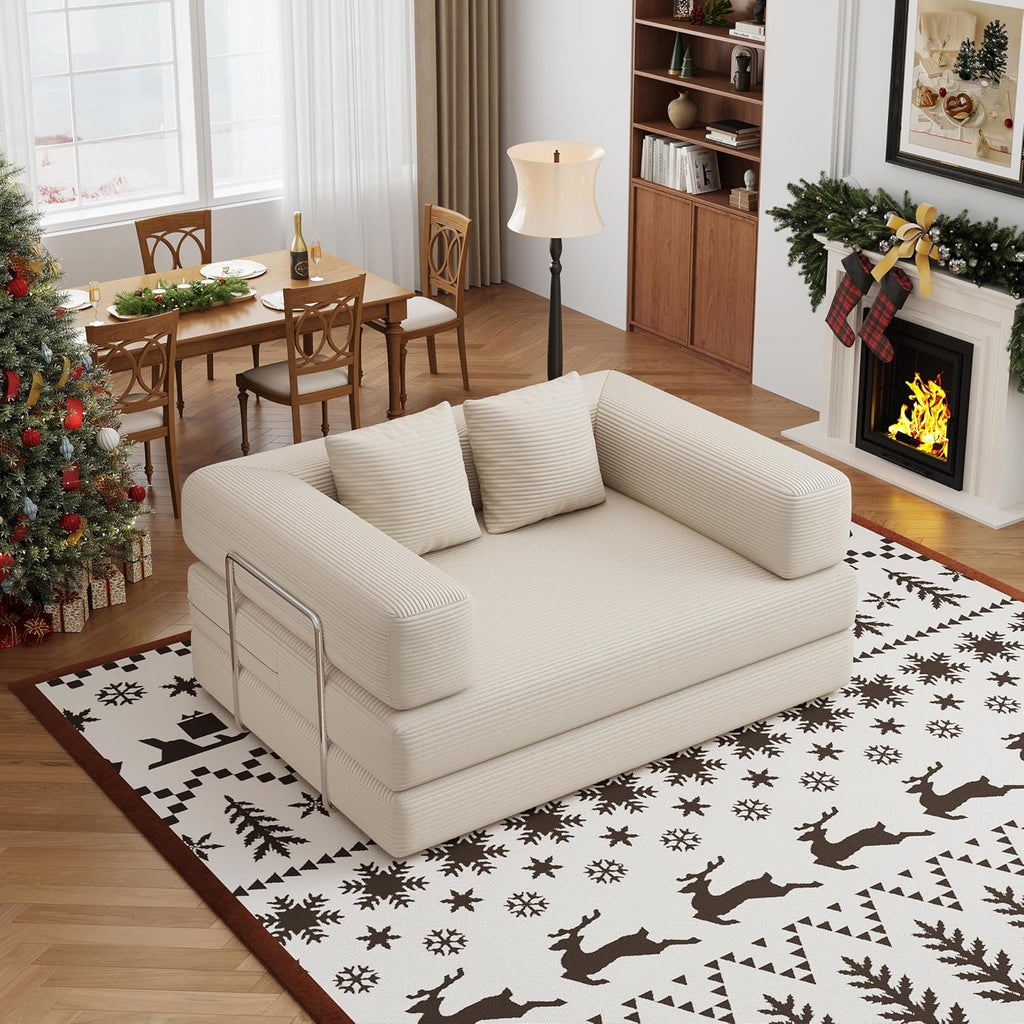 BSHOMGI 4 in 1 Futon Sofa Bed Queen Size - Foldable Convertible Sleeper Sofa Couch, Removable Washable Corduroy Cover, Space Saving Floor for Living Room (Beige, 53.15' Double Sofa)