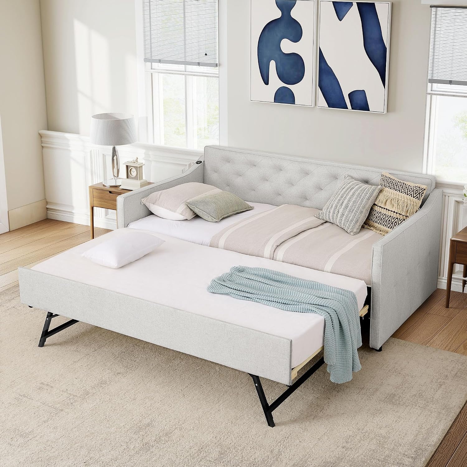 Antetek Daybed with Pop up Trundle, Fabric Upholstered Twin Size Day Bed Pull-Point Sofa Daybed Frame w/Twin Roll-Out Trundle/USB Port, Furniture for Bedroom, Living Room, Guest Room, Beige