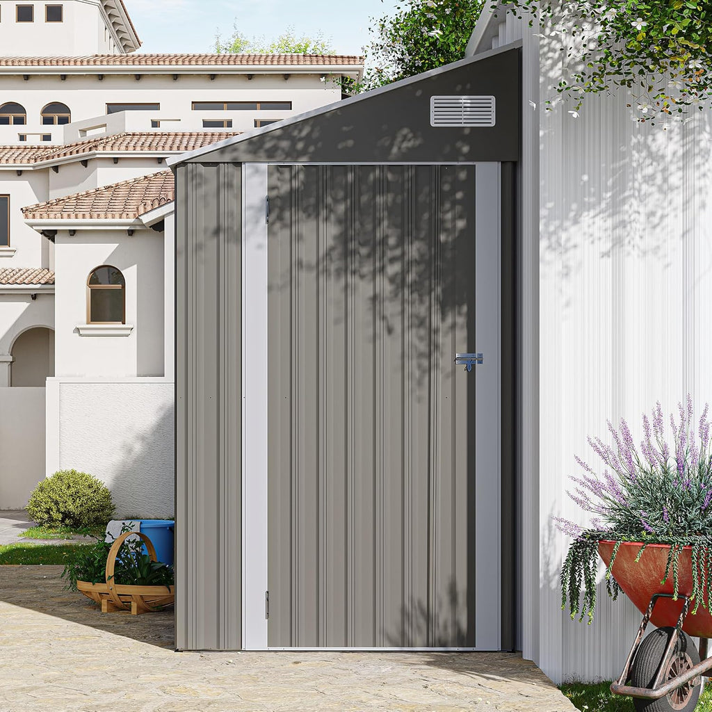 4x8 FT Metal Outdoor Storage Shed, Lean-to Garden Tool and Bike Shed with Lockable Door and Air Vents, Waterproof Sloped Roof Steel Utility Shed for Backyard, Patio,Lawn Equipment, Dark Gray
