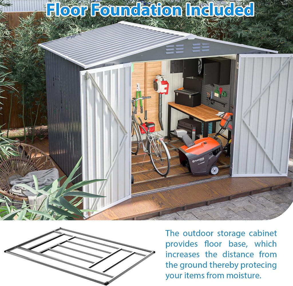 YOPTO 8 x 6 FT Outdoor Storage Shed with Floor Frame,Utility Metal Tool Storage with Lockable Doors,Air Vents & Waterproof Roof, Large Garden Shed for Backyard, Patio Lawn,Gray