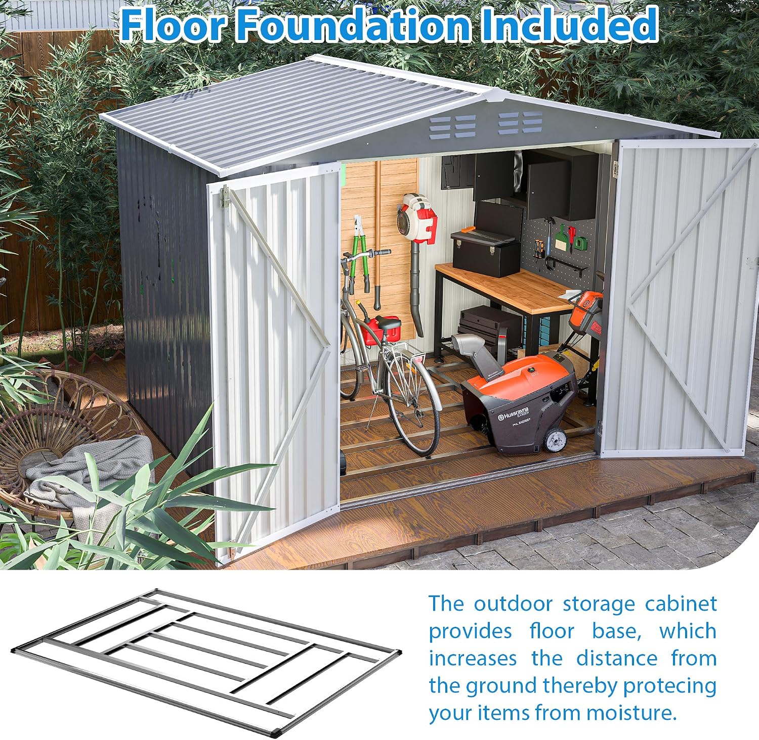 YOPTO 8 x 6 FT Outdoor Storage Shed with Floor Frame,Utility Metal Tool Storage with Lockable Doors,Air Vents & Waterproof Roof, Large Garden Shed for Backyard, Patio Lawn,Gray