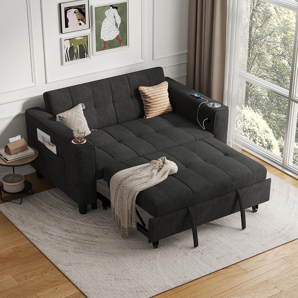 LINSY Sleeper Sofa Bed, 54' Pull Out Couch with Charging Station & Cup Holder, Small 3 in 1 Convertible Loveseat Sleeper Couch for Apartment, Dorm Room, Bedroom and Small Space, Corduroy Black
