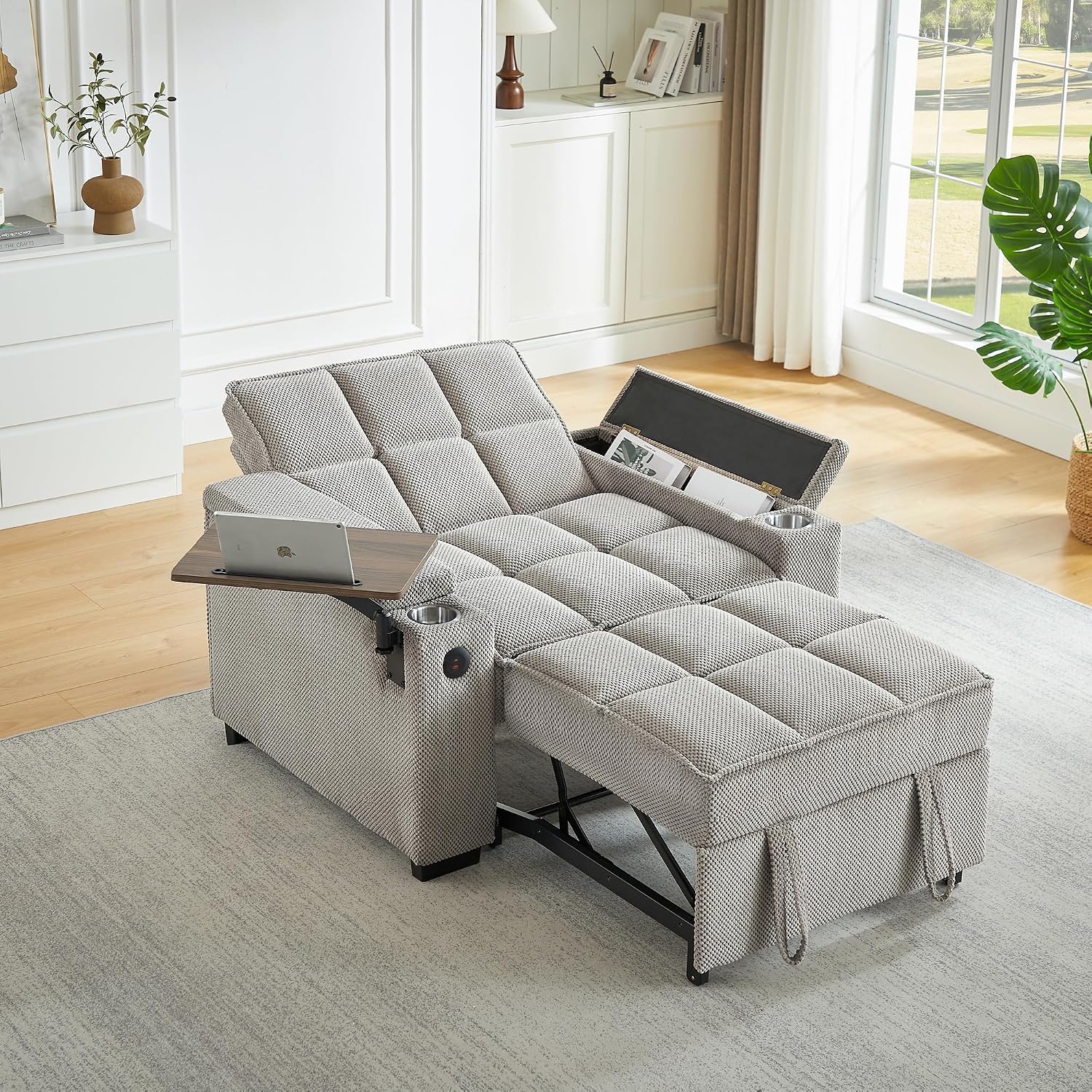 Auvsoce 3-in-1 Folding Convertible Sofa Bed Set of 2, Sleep Couch with Modern Chenille Fabric, 360° Swivel Side Table, Easy Assembly, Perfect for Living Room & Home Theater