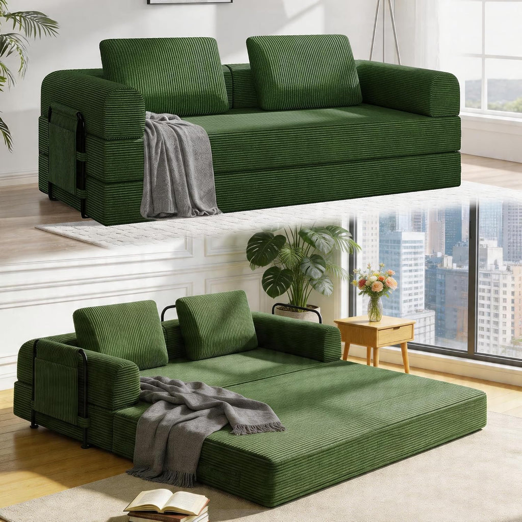 78' Convertible Sofa Bed, 5-in-1 Boneless Sleeper Sofa with with Fixed Frame & Pocket, Corduroy Pull Out Couch with 2 Pillows, Couch Bed for Living Room, Small Spaces, Bedroom, No Assembly