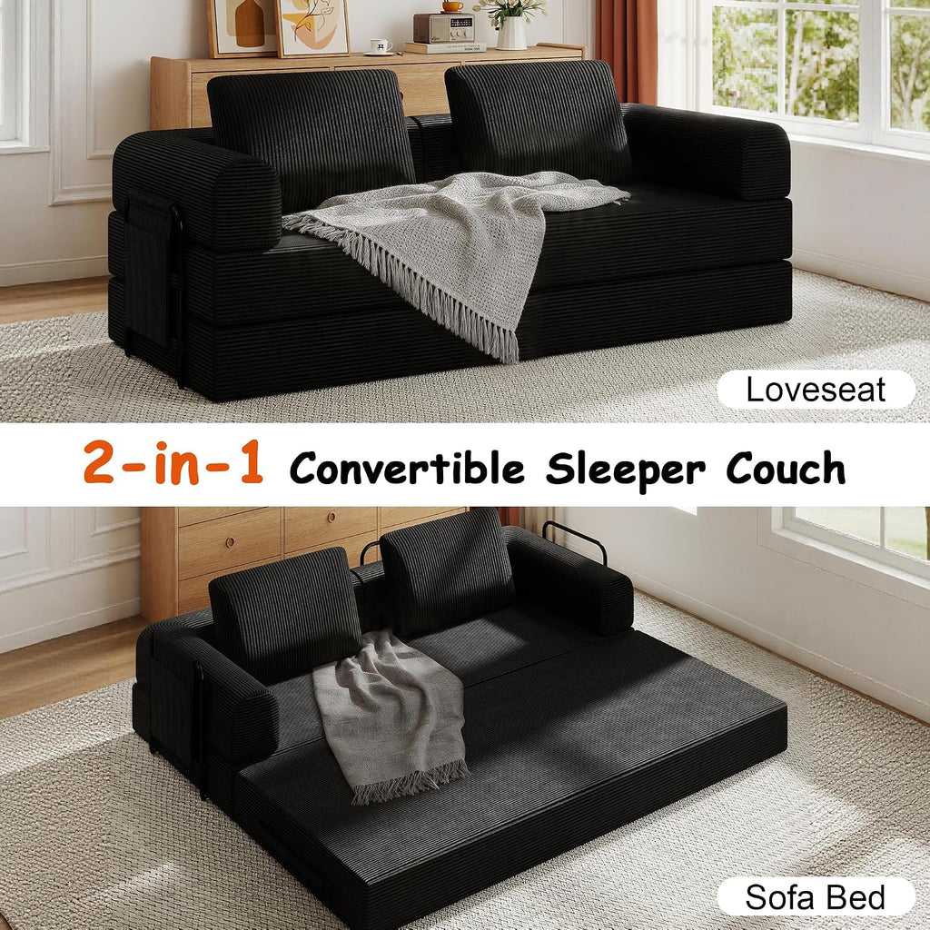 78' Convertible Sofa Bed, 5-in-1 Boneless Sleeper Sofa with with Fixed Frame & Pocket, Corduroy Pull Out Couch with 2 Pillows, Couch Bed for Living Room, Small Spaces, Bedroom, No Assembly