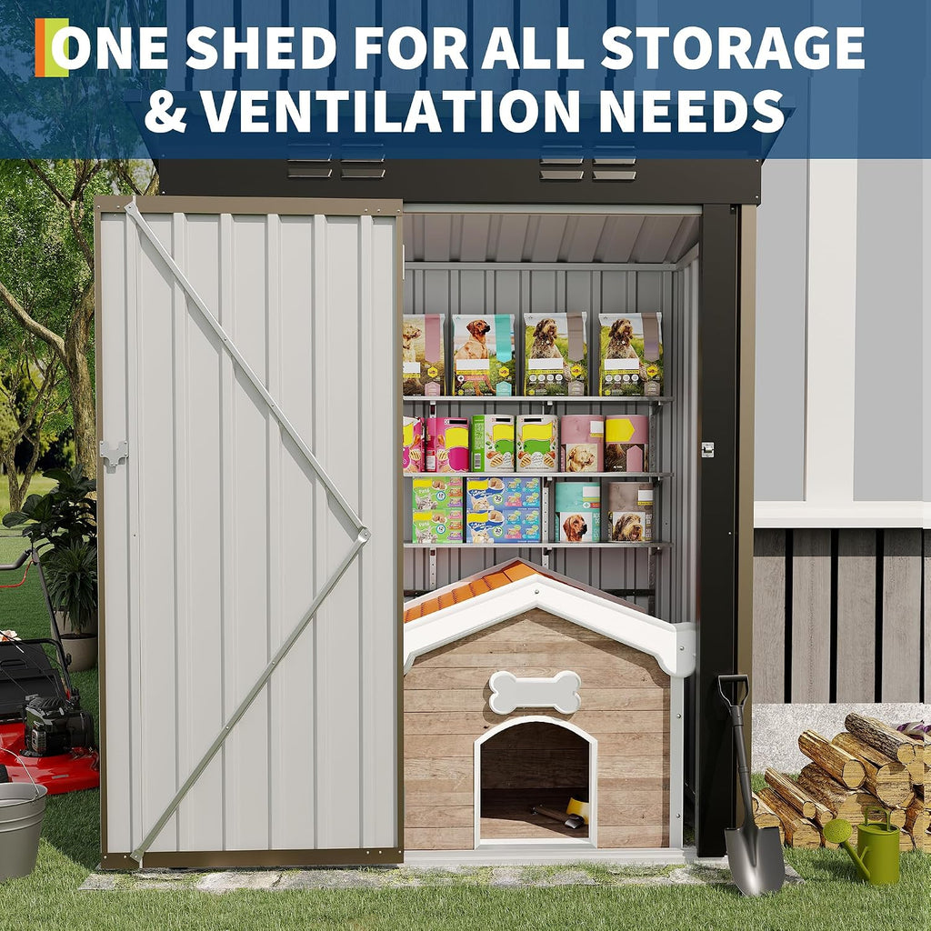 GarveeLife 5x3 FT Outdoor Storage Shed, Tool Shed with Sloping Roof and Lockable Door, Compact Metal Tool Garden Shed for Garden, Backyard, Patio (Brown)