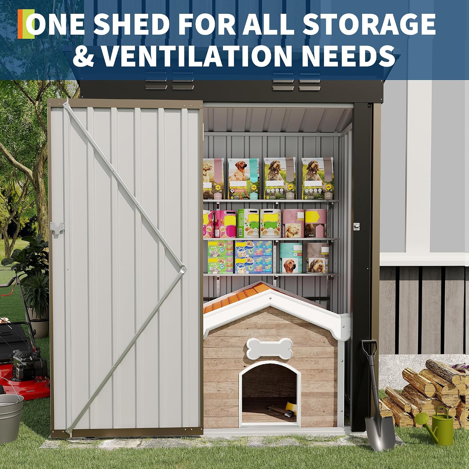 GarveeLife 5x3 FT Outdoor Storage Shed, Tool Shed with Sloping Roof and Lockable Door, Compact Metal Tool Garden Shed for Garden, Backyard, Patio (Brown)