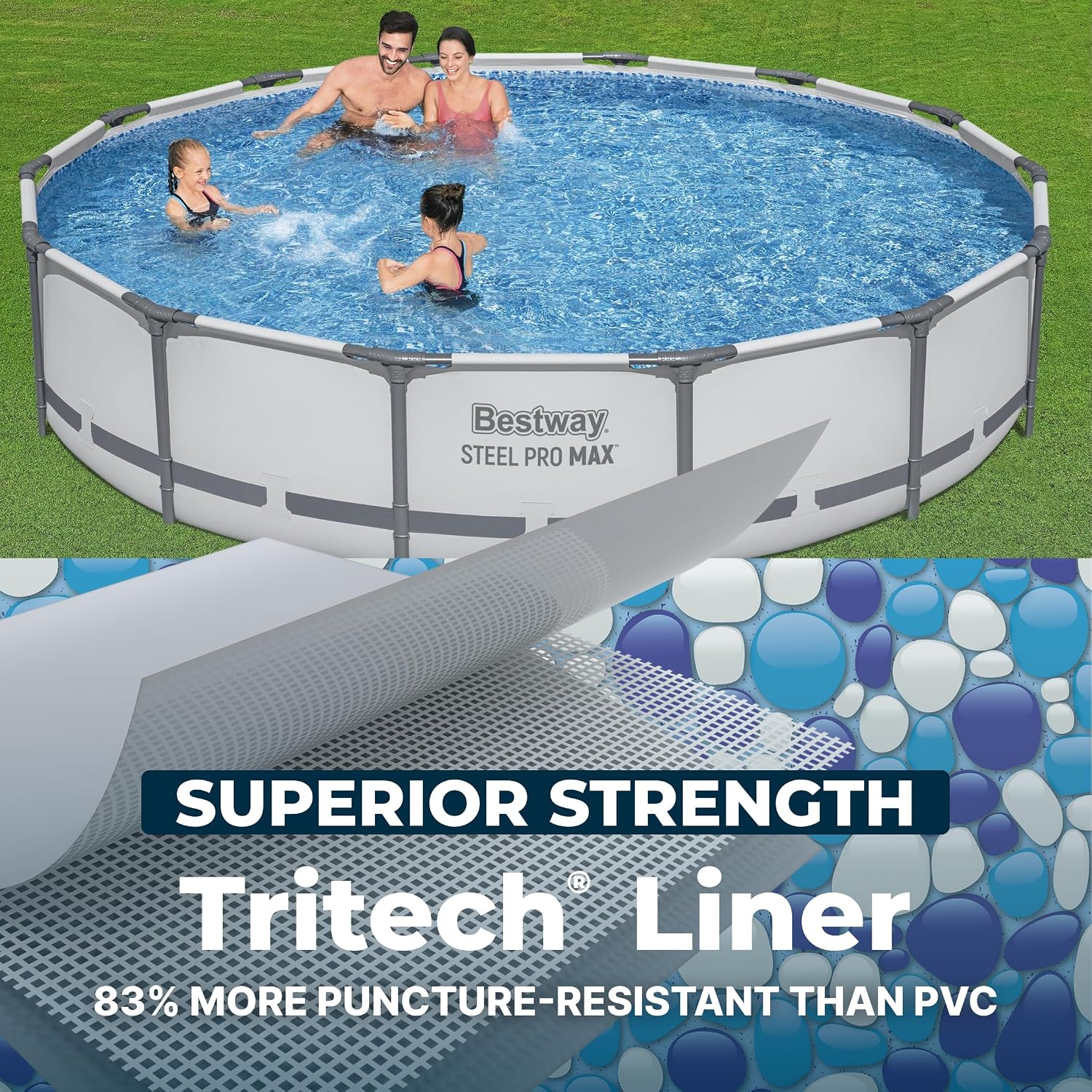 Bestway Steel Pro MAX 14' x 33' Round Above Ground Swimming Pool Set, 530 GPH Filter Pump, Tritech Puncture Resistant Liner, ClickConnect Steel Frame, Gray
