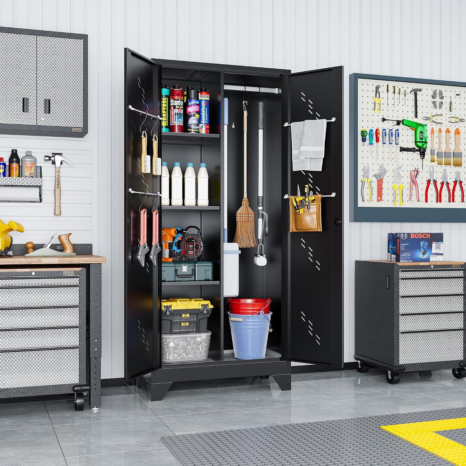 Metal Storage Cabinet, Large Tool Cabinets with Lockable Doors, 71' Kitchen Pantry, Tall Garage Storage with Hanging Rod. Utility Closet for Office, Garage, Laundry Room
