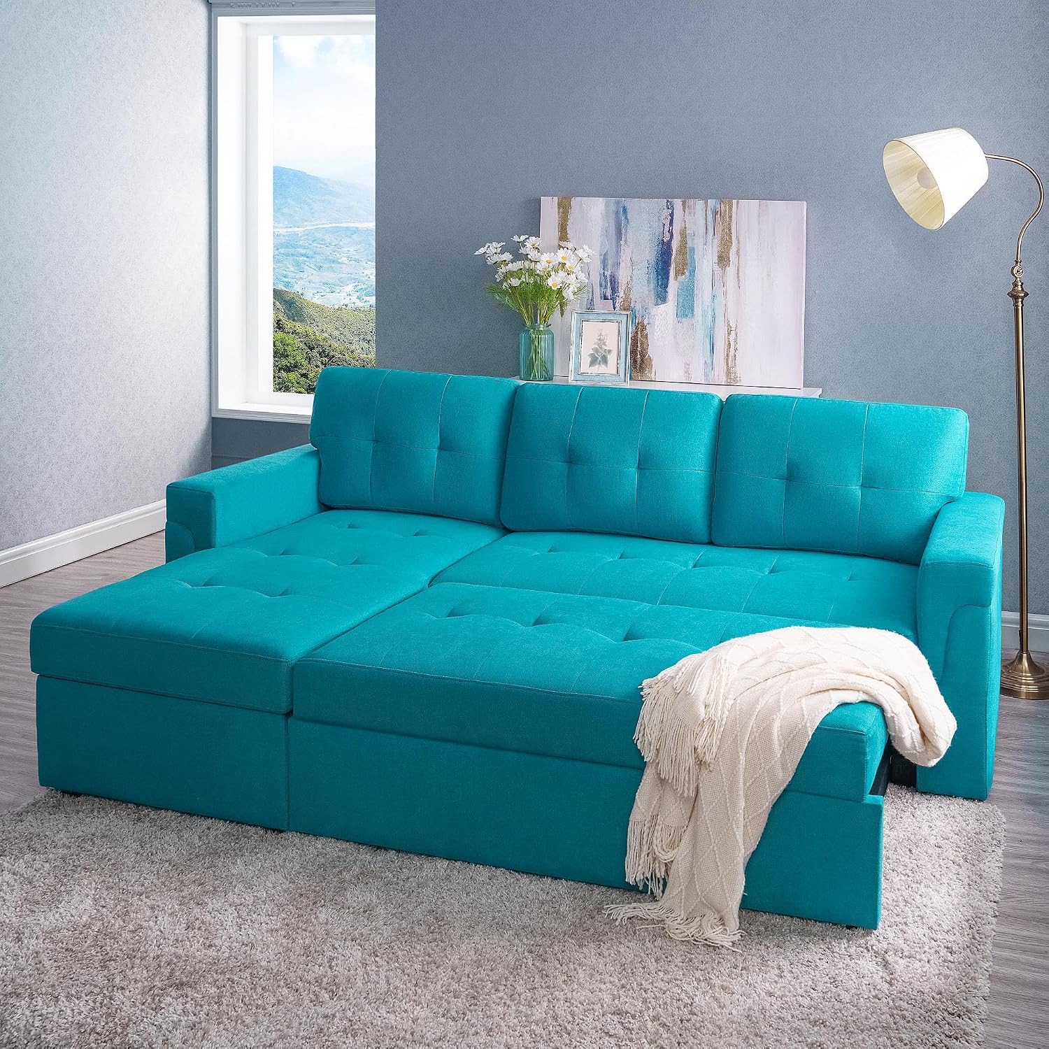 Naomi Home L Shaped Sectional Couch with Storage & Pull Out Bed – 3-in-1 Convertible Sleeper Sofa Bed, Small L Shape Sofa for Living Room, Sofa Bed with Storage Chaise in Teal, Velvet