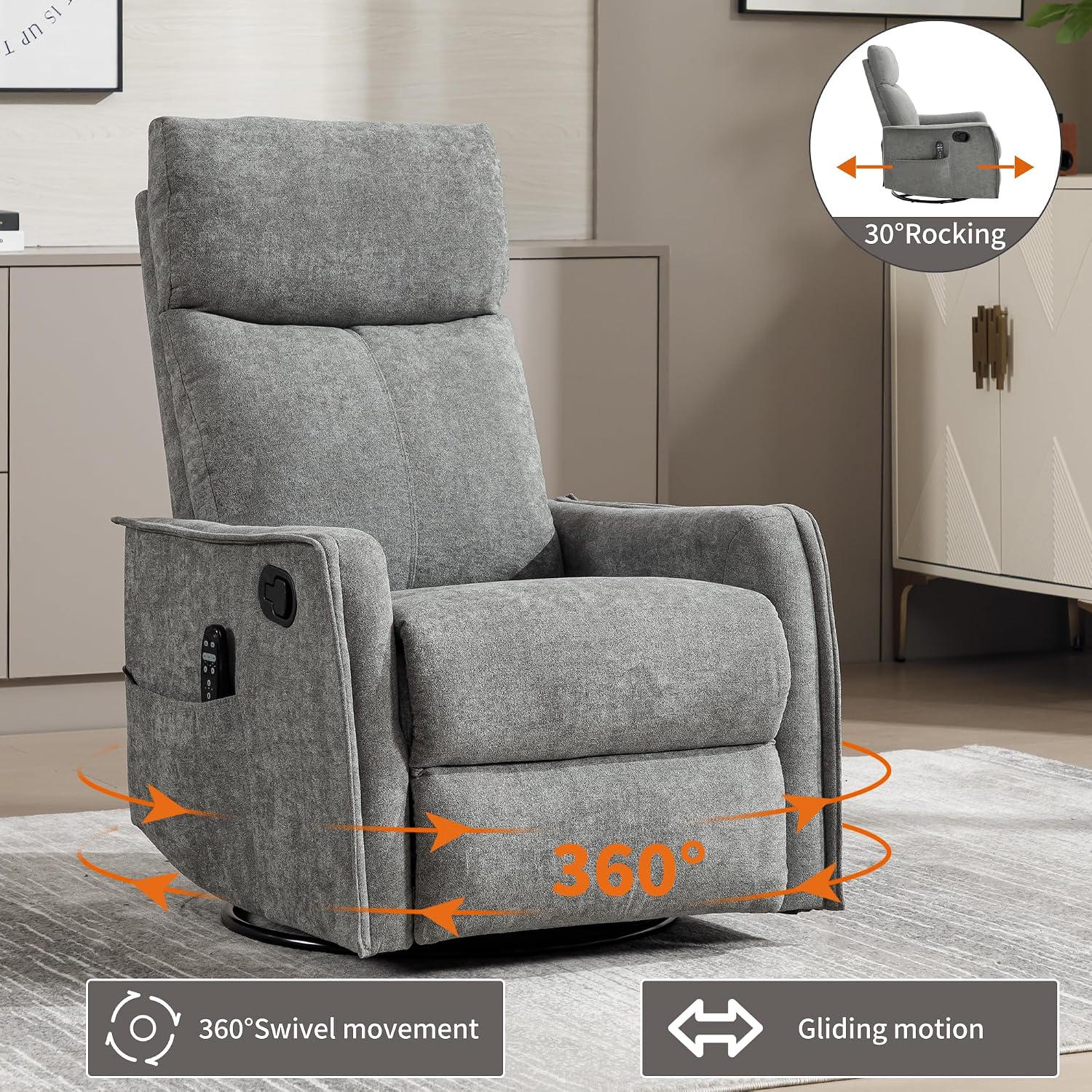 Massage Chair Recliner with Heat, 360° Swivel Glider Rocker with Reclining Backrest and Footrest, Manual Lazy Boy Recliners for Adults, Modern Nursery Rocking Chairs (Grey)