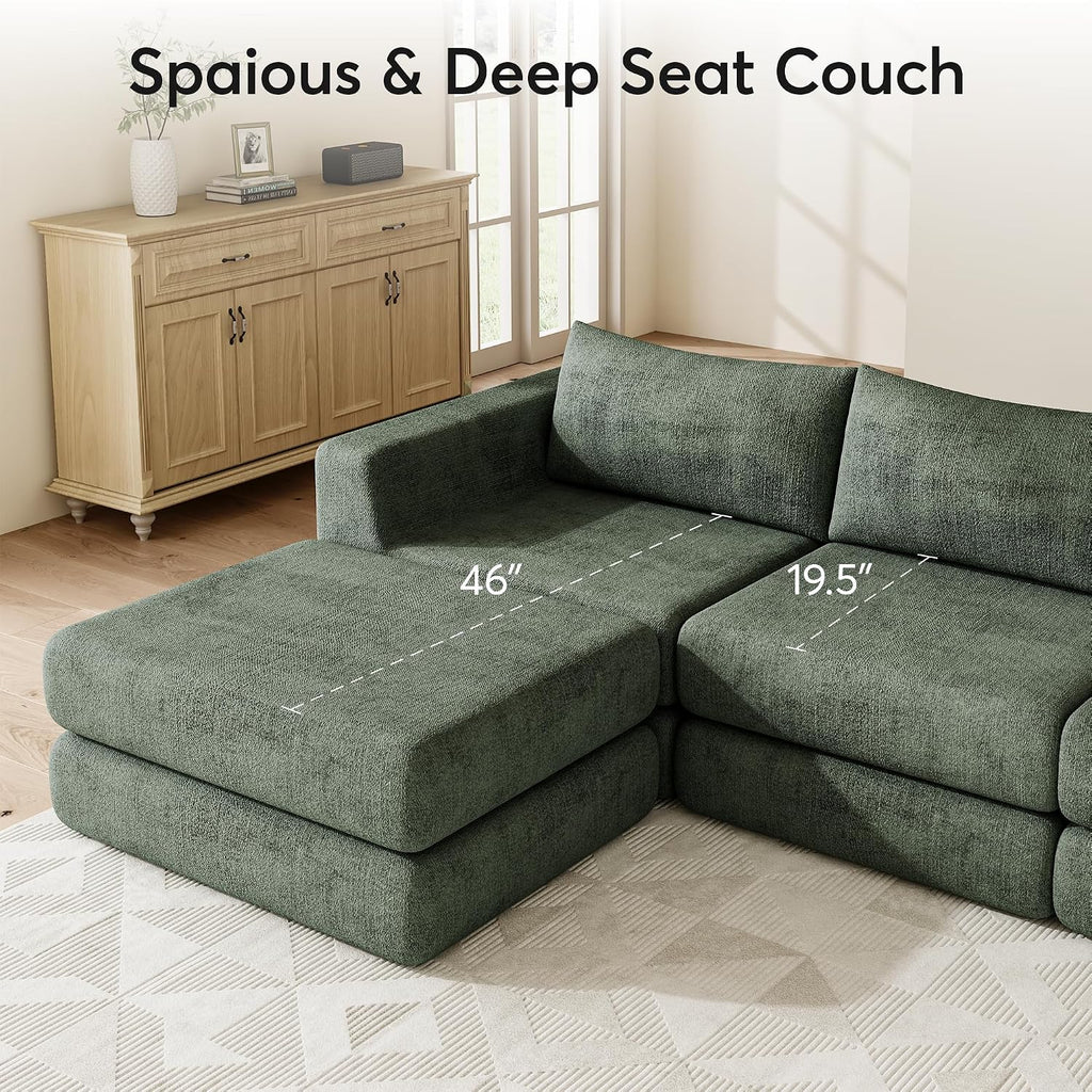 Chenille Modular Floor Sofa Bed, L Shaped Convertible Sleeper Couch with Memory Foam Cushions, Low Profile Sectional Sofa for Living Room, Apartment, Guest Room, Green