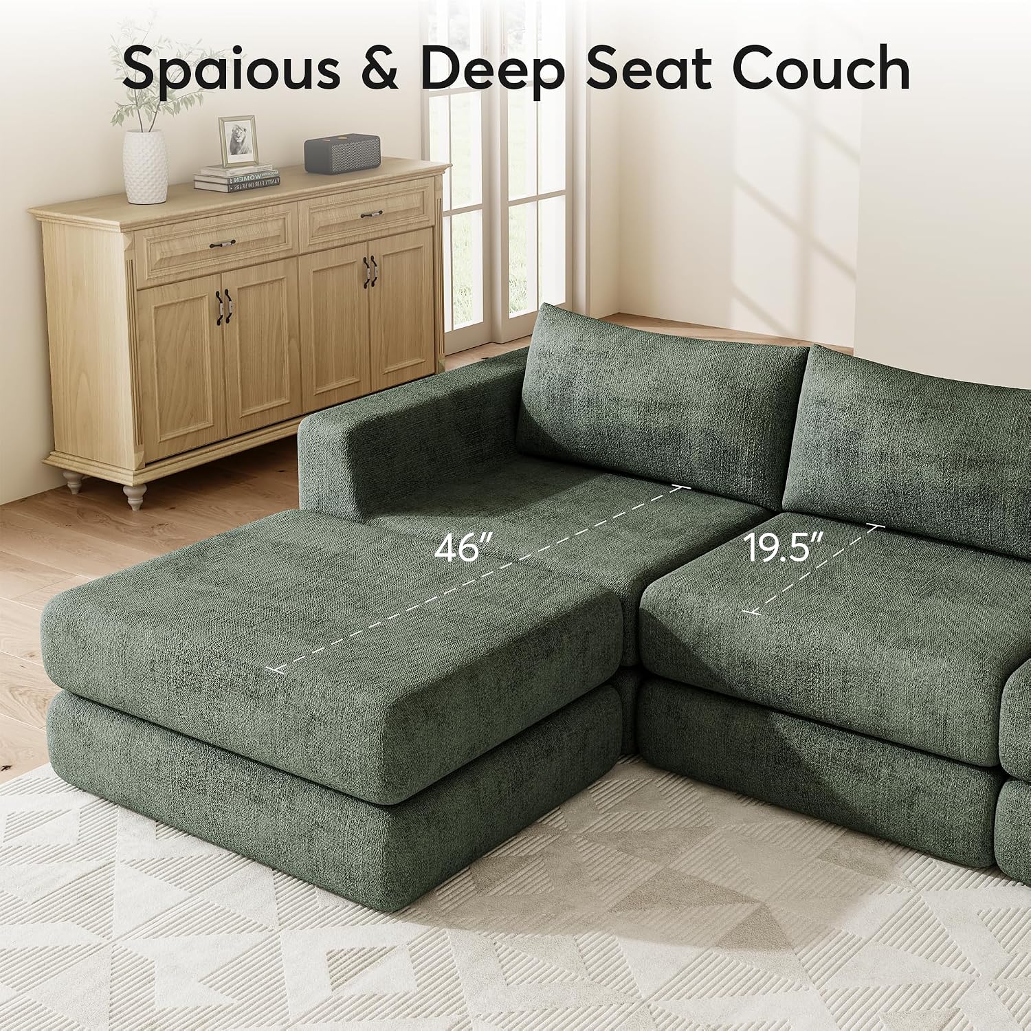 Chenille Modular Floor Sofa Bed, L Shaped Convertible Sleeper Couch with Memory Foam Cushions, Low Profile Sectional Sofa for Living Room, Apartment, Guest Room, Green