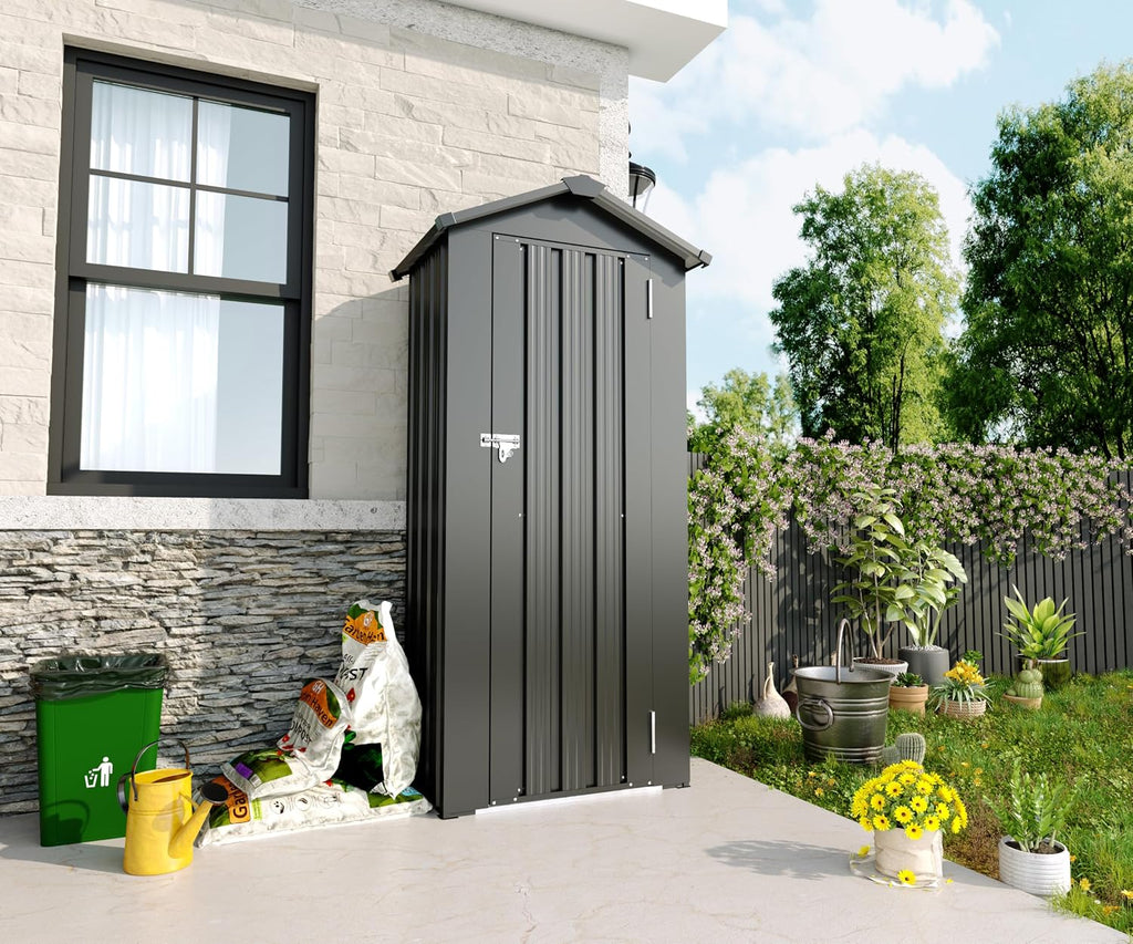 KEIKI Outdoor Storage Shed, 69.7''x16.9''x29.5'' Metal Tool Shed with Sloping Roof & Lockable Door, Small Shed, Top Tall Vertical Tool Cabinet for Backyard Garden Patio Lawn, Black