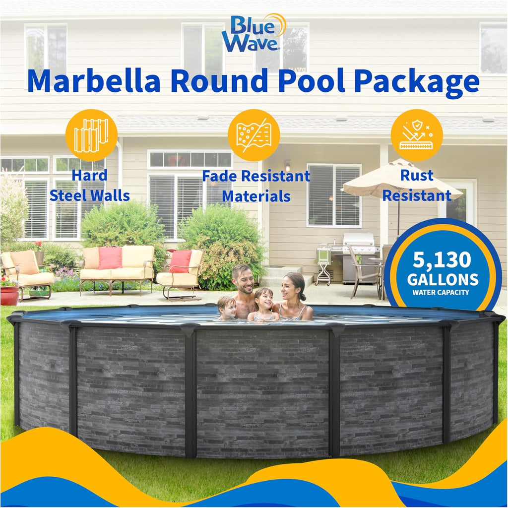 Blue Wave Marbella 15-ft Round 52-in Deep Above Ground Swimming Pool – with Steel Wall & Top Rails, Sand Filter, Overlap Liner, A-Frame Ladder & Maintenance Kit – Complete Outdoor Pool Accessories
