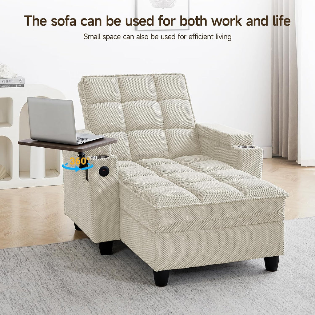 41.7' Chaise Lounge Chair Indoor, Oversized Boucle Upholstered Sofa Bed, Adjustable Backrest Deep Seat Reading Chair, Sofas Couches for Living Room with Storage, Cup Holders & 360° Swivel Side Table