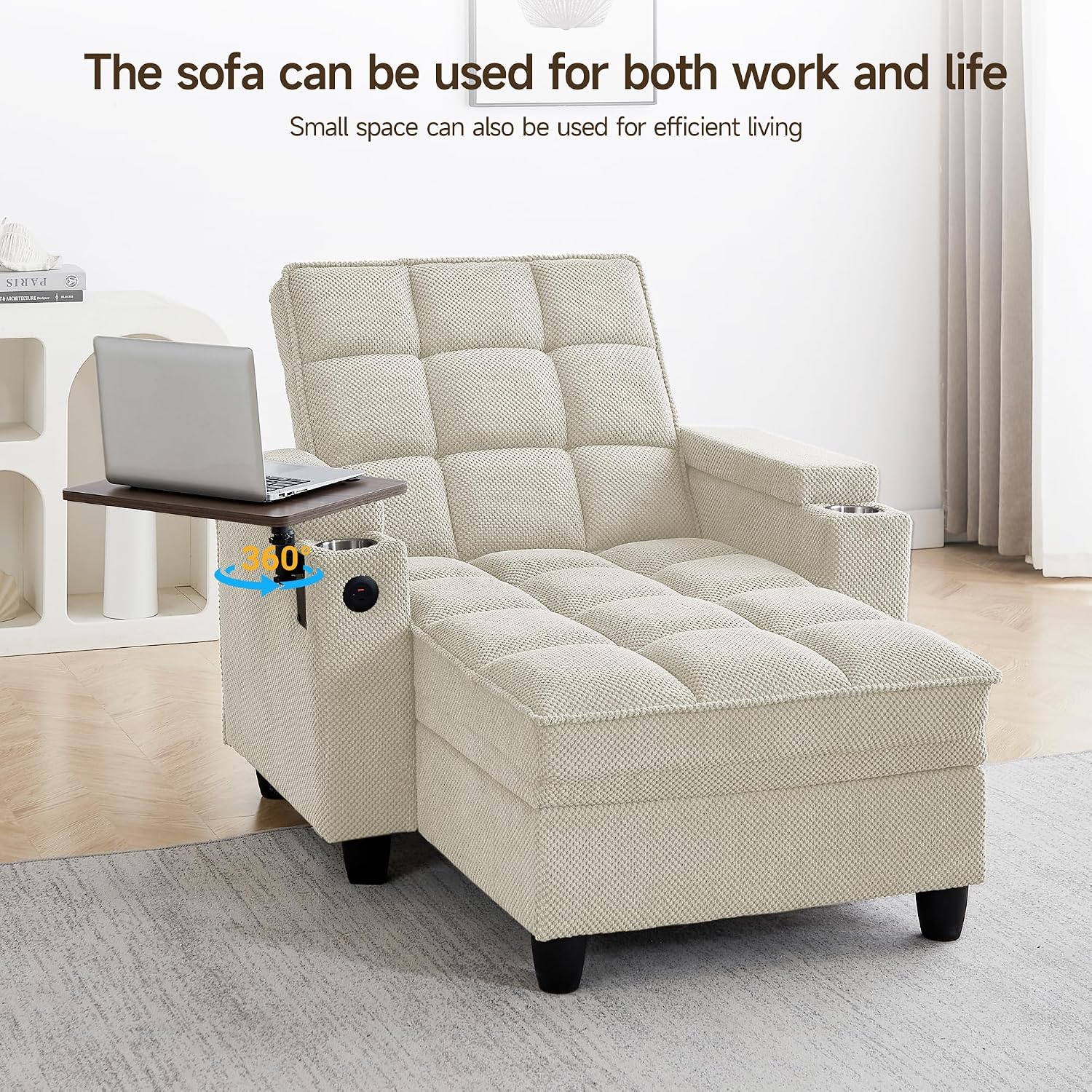 41.7' Chaise Lounge Chair Indoor, Oversized Boucle Upholstered Sofa Bed, Adjustable Backrest Deep Seat Reading Chair, Sofas Couches for Living Room with Storage, Cup Holders & 360° Swivel Side Table