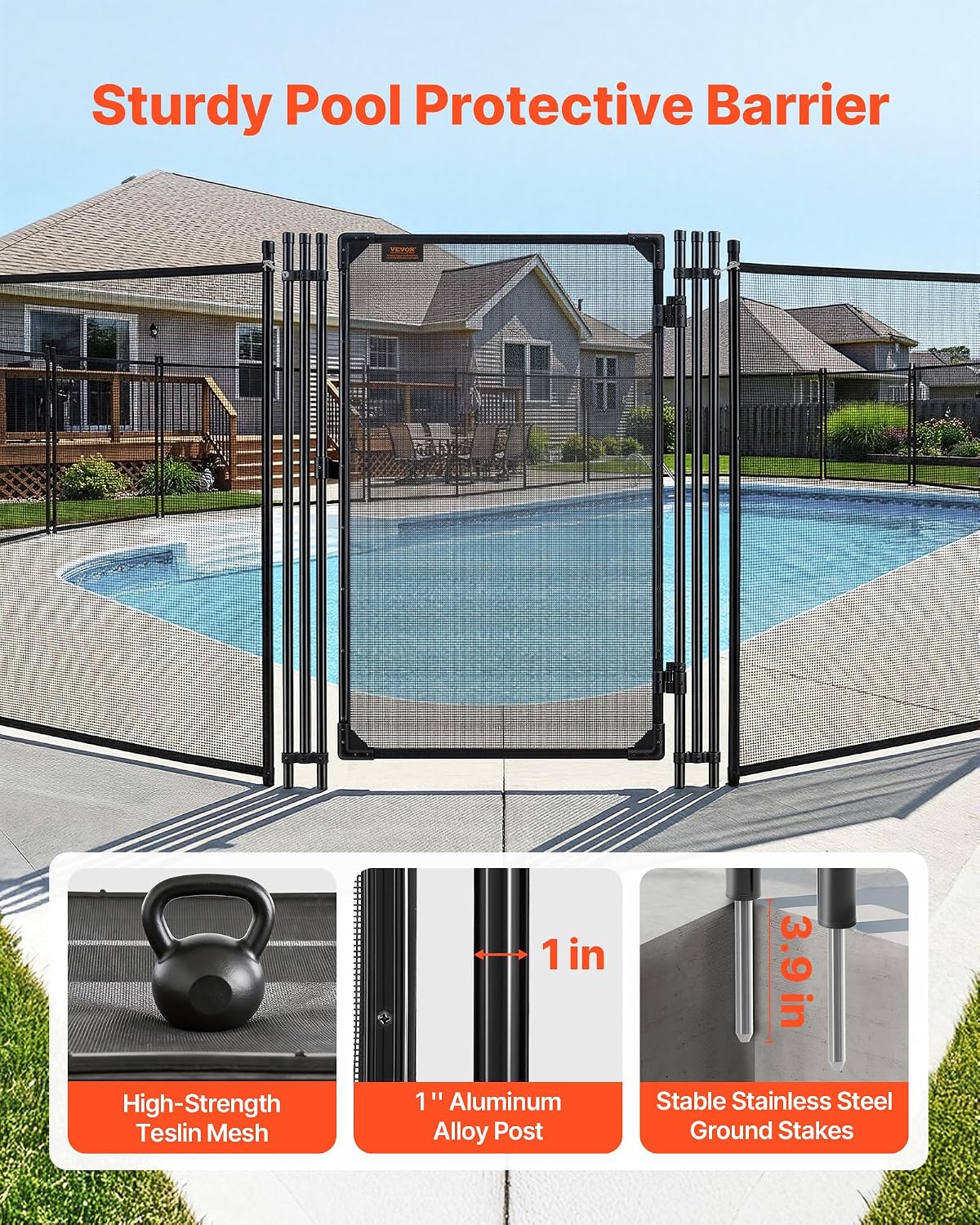 VEVOR Pool Fence, 4 x 2.5 FT Pool Gate for Inground Pools, Pool Safety Fence Gate Kit with Stainless Steel Latch, Removable Child Safety Pool Fencing, Black, 4FTx2.5FT