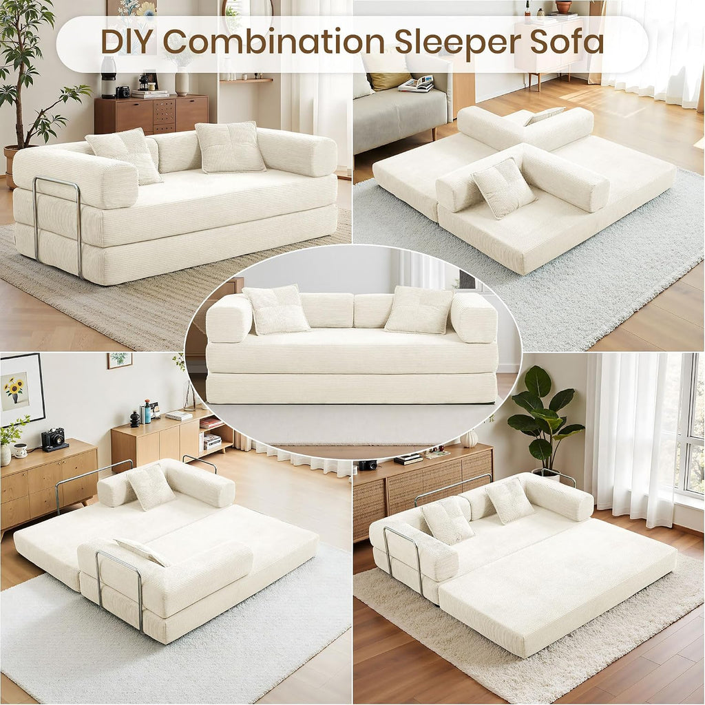 Compression Sofa - 78''Convertible Floor Sofa Bed - with Pillow Back Support Armrest - Comfy Foldable Sofa Bed Compressed Sofa in Box - Corduroy Fabric - for Living Room Bedroom - Off White