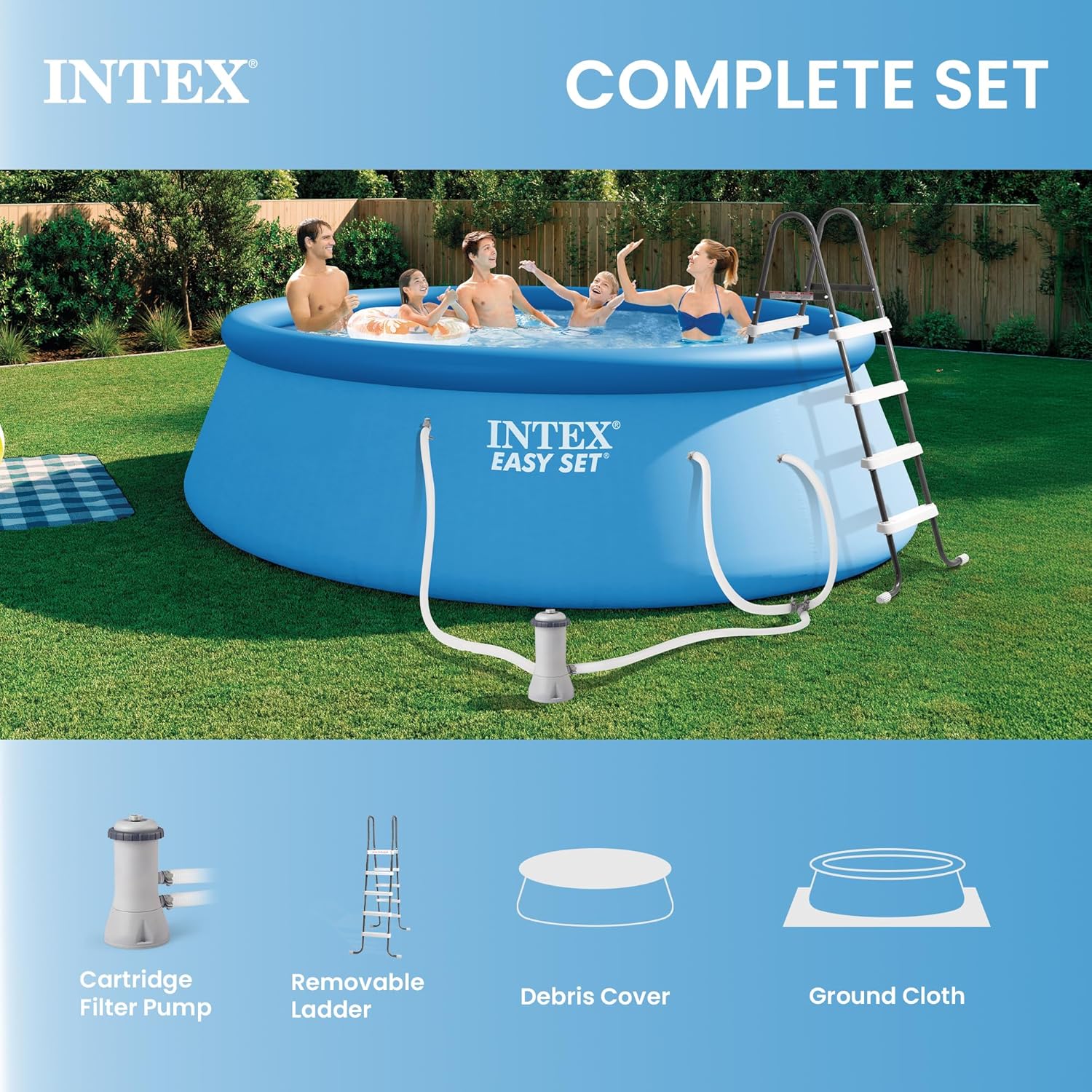 INTEX Easy Set 15 ft x 48in Above Ground Pool Set, Round Inflatable Swimming Pool with 1000 GPH Cartridge Filter Pump, Ladder, Cover, & Ground Cloth
