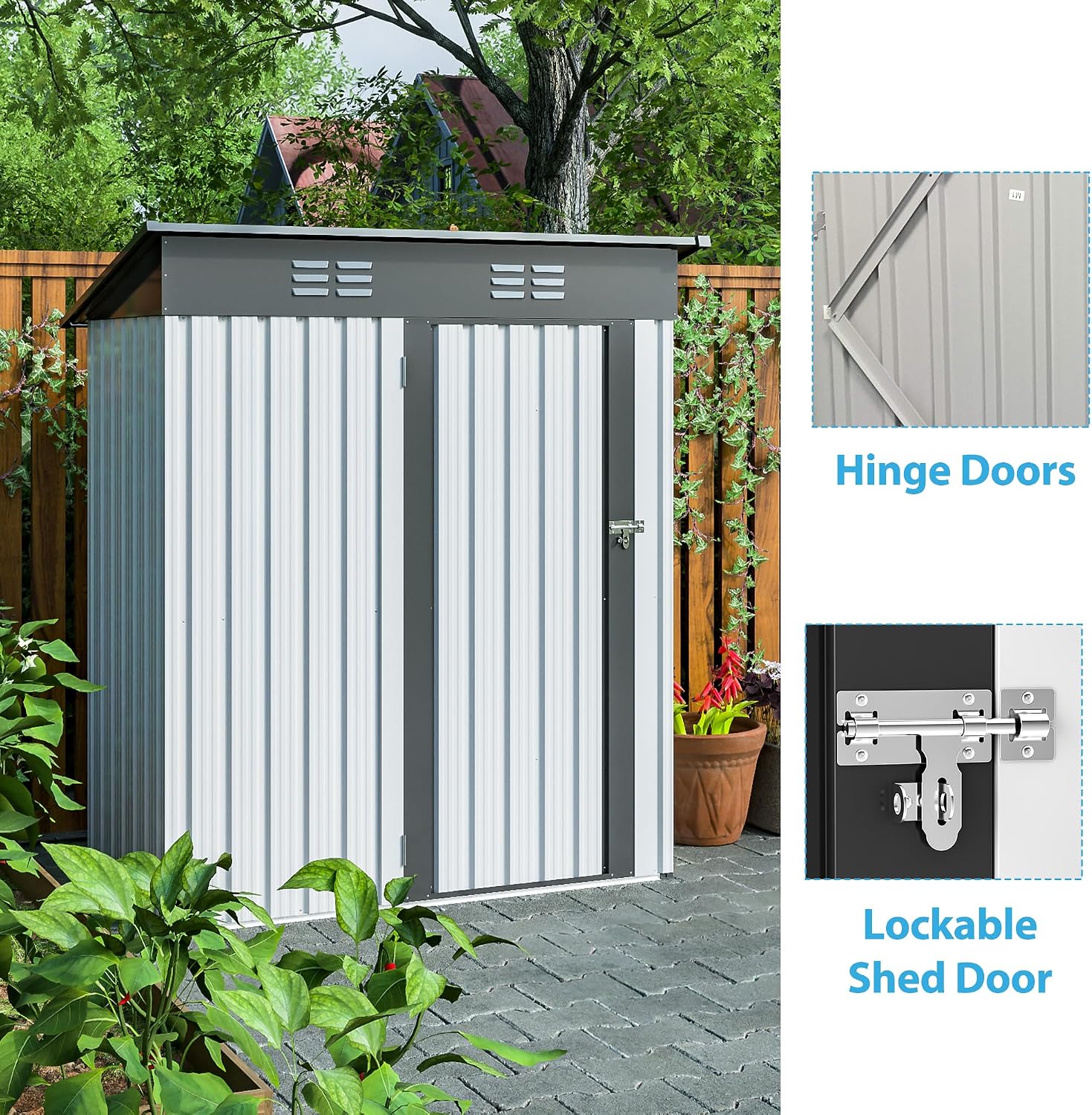5X3 FT Outdoor Storage Shed, Waterproof Metal Garden Sheds with Lockable Door, Steel Tool Storage Buildings Shed & Outdoor Storage House for Garden, Backyard, Patio, Lawn, Trash Cans(White)