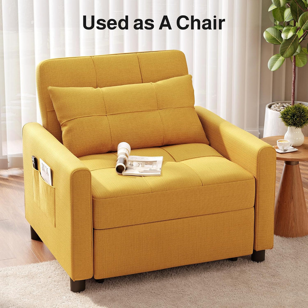 Ahomly Convertible Sleeper Chair Sofa Bed with 3-in-1 Design, Adjustable Backrest, and Storage Pocket for Living Room, Yellow