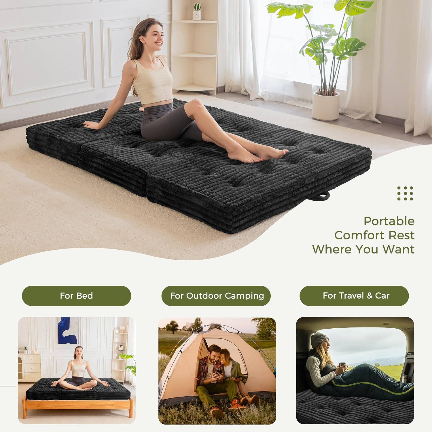 MAXYOYO Folding Sofa Couch Bed, 6 Inch Tri-Fold Floor Sofa Bed, Folding Mattress with Handles, Soft Faux Fur Folding Bed with Supportive Foam Filling, Portable Couch for Living Room, Full, Black