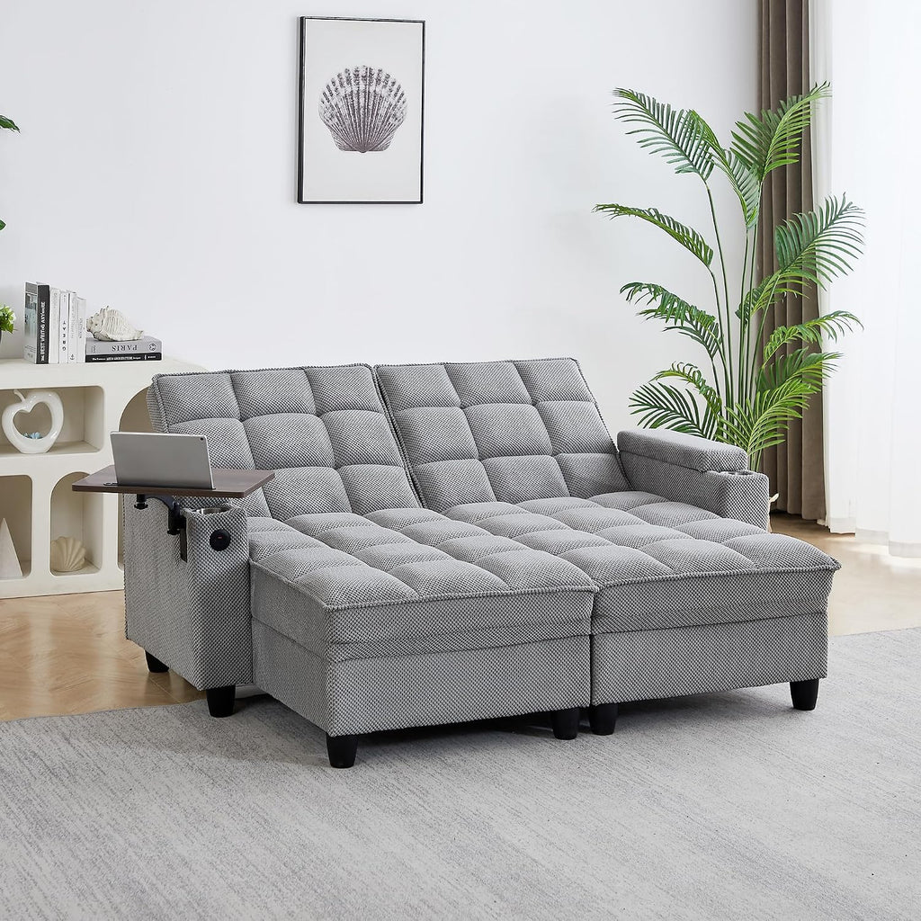 70.9' Chaise Lounge Chair Indoor, Oversized Boucle Upholstered Sofa Bed, Adjustable Backrest Deep Seat Reading Chair, Sofas Couches for Living Room with Storage, Cup Holders & 360° Swivel Side Table