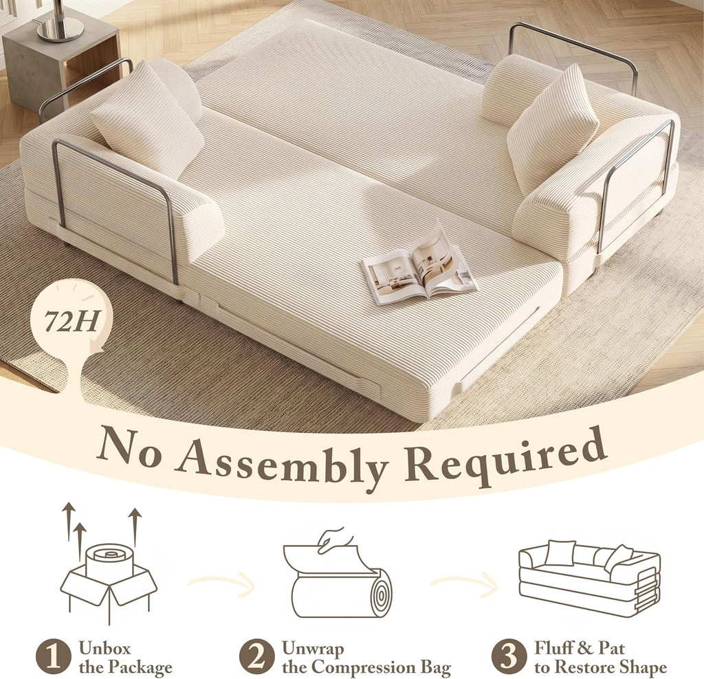 Cloud Boneless Convertible Floor Sofa Bed, 70' 5-in-1 Foldable Compressed Loveseat Lounge Sleeper 2 Seater Couches, High-Density Sponge & Corduroy Fabric Futon Daybed for Living Room Bedroom(Beige)