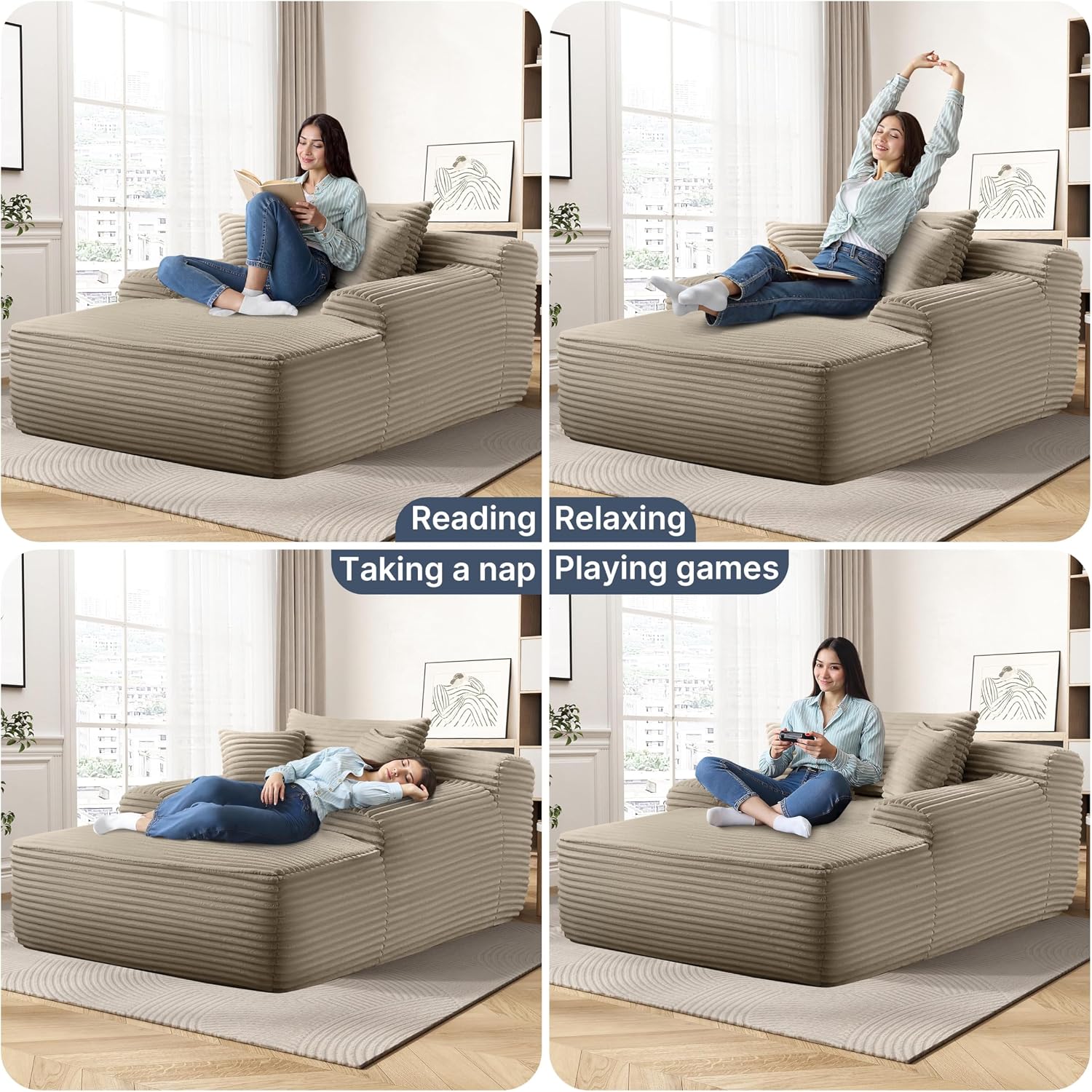 65'' Chaise Lounge Chair Indoor, Beige Plush Corduroy Cloud Couch, Fluffy Oversized Sofa Bed for Bedroom Living Room, Comfy Boneless Reading Longue Chair Sleeper Sofa No Assembly