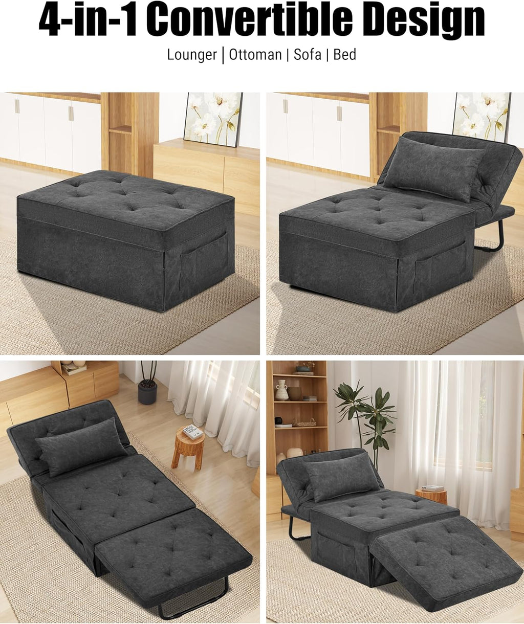 4 in 1 Sleeper Sofa Bed, Foldable Ottoman Sleeper Bed with Adjustable Backrest, Convertible Chair Beds for Small Spaces Living Room Bedroom Apartment Office (Gray, 28'' Width)