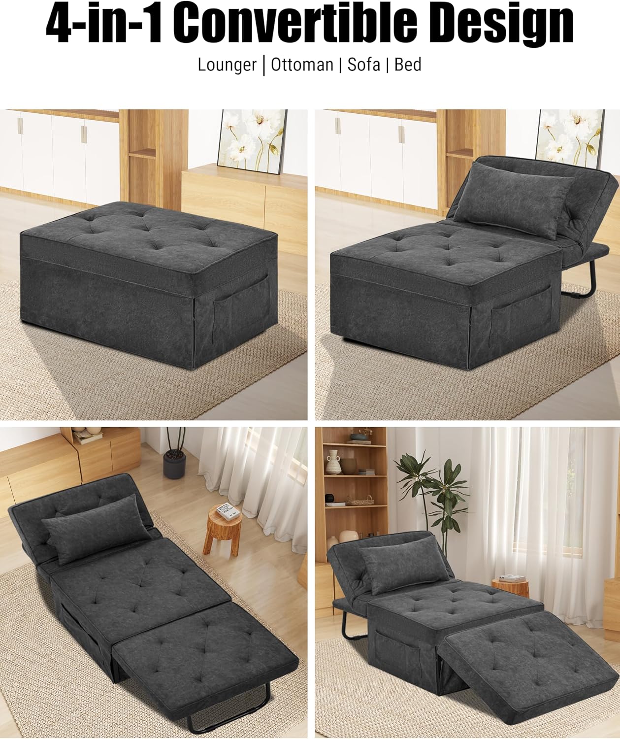 4 in 1 Sleeper Sofa Bed, Foldable Ottoman Sleeper Bed with Adjustable Backrest, Convertible Chair Beds for Small Spaces Living Room Bedroom Apartment Office (Gray, 28'' Width)