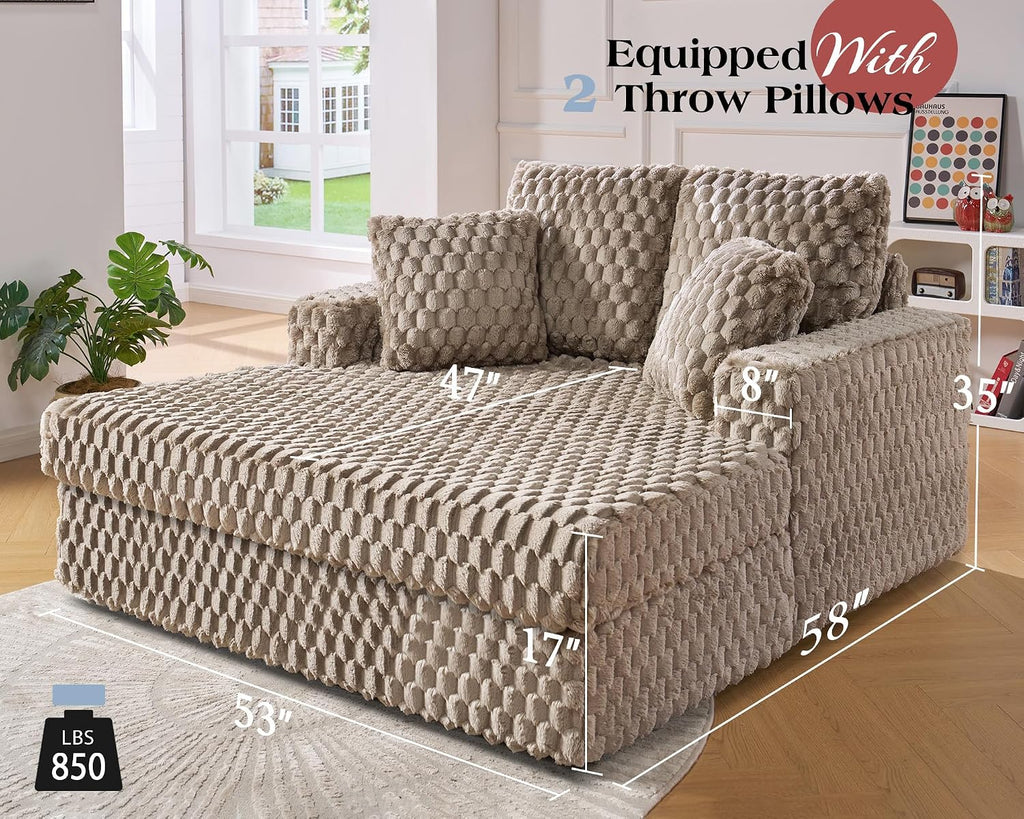 VanAcc 58 Inch Upholstered Chaise Lounge, Plush Sleeper Chair with Throw Pillows and Armrests, Sofa Bed Indoor for Living Room, Brown