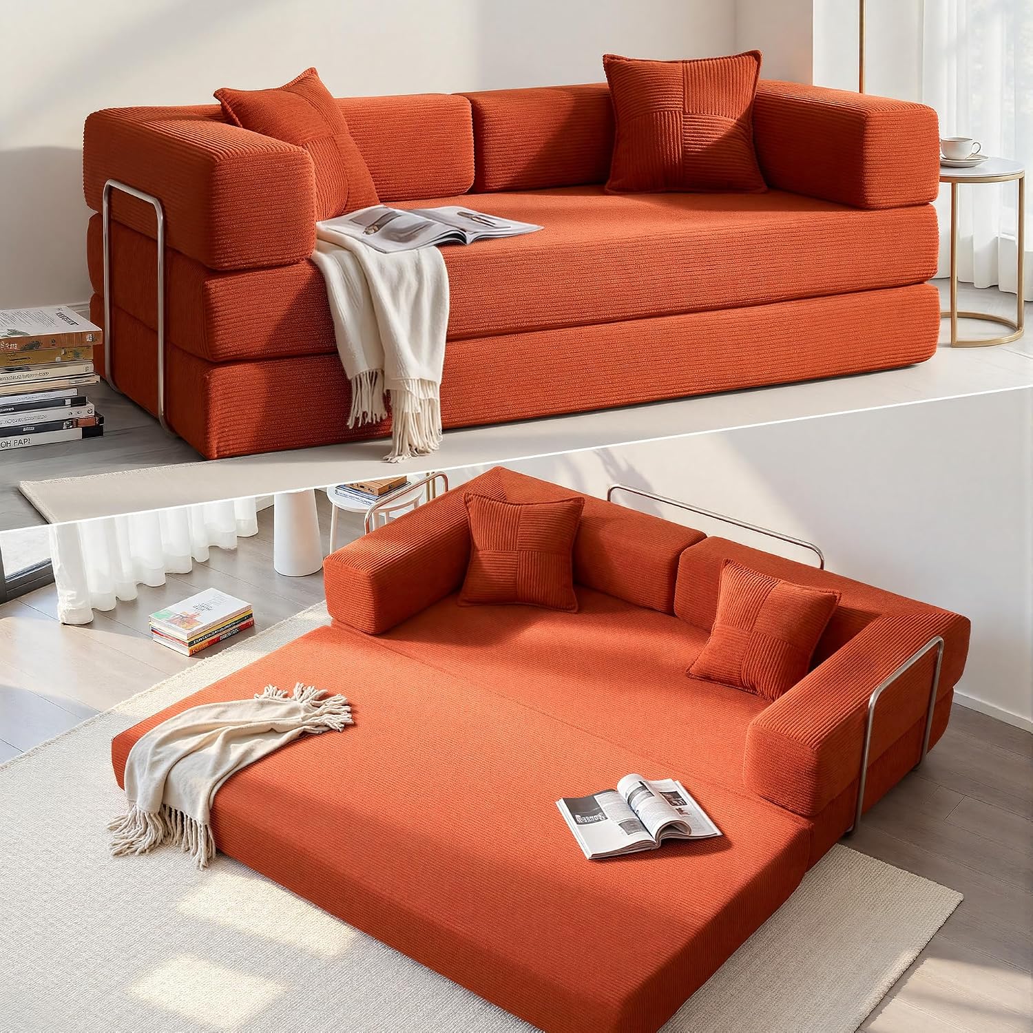YINIX Foldable Sofa Bed, 78'' Folding Floor Couch, Compressed Convertable Sleeper Sofa, Memory Foam Couch with Pillow Back Support Armrest, 4-in-1 Futon Sofa Bed for Living Room, Orange