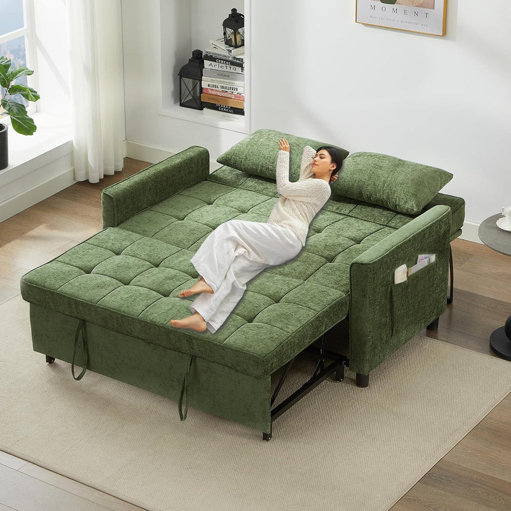 Tbfit 57' Loveseat Sleeper Convertible Sofa Bed, Futon Couch with Pullout Bed, USB & Adjustable Backrest, Chenille Queen Size Pull Out Couches for Living Room, Apartment, Office, Dorm, RV, Green