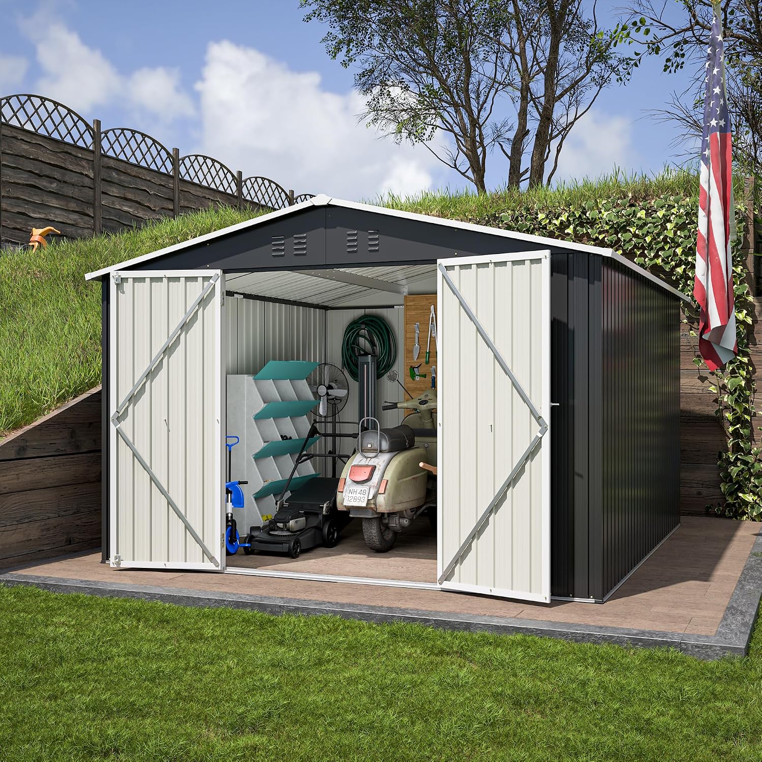 YOPTO 10 x 10 FT Outdoor Storage Shed,Heavy Duty Tool Sheds Metal Storage Garden Shed with Sloped Roof and Lockable Doors,Large Metal Storage Sheds for Backyard Patio Lawn, Black