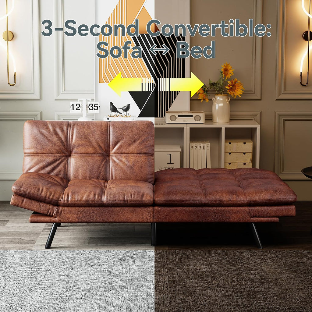 Futon Sofa Bed Convertible Couch, Brown Faux Leather Sofa Bed with Memory Foam, Adjustable Backrest & Armrests, Multifunctional Small Loveseat Sleeper Sofa for Living Room, Apartment, Office