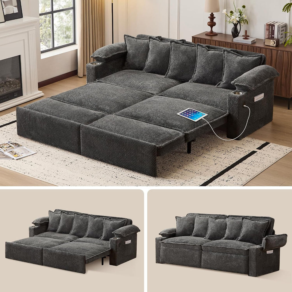 SUNWAVE 83' King Size Pull Out Sofa Bed, 4-in-1 Convertible Sleeper Sofa Bed with USB Ports, Cup Holders, Side Pockets, Corduroy Pull Out Couch Loveseat Chaise for Living Room, Small Space (Gray)