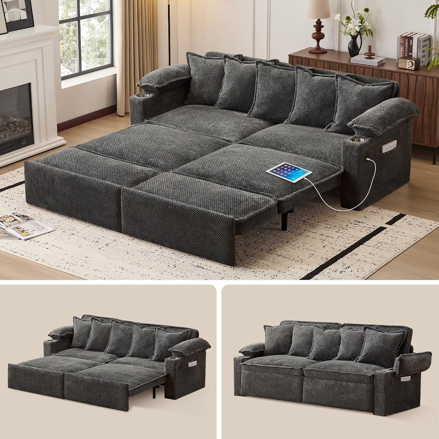 SUNWAVE 83' King Size Pull Out Sofa Bed, 4-in-1 Convertible Sleeper Sofa Bed with USB Ports, Cup Holders, Side Pockets, Corduroy Pull Out Couch Loveseat Chaise for Living Room, Small Space (Gray)