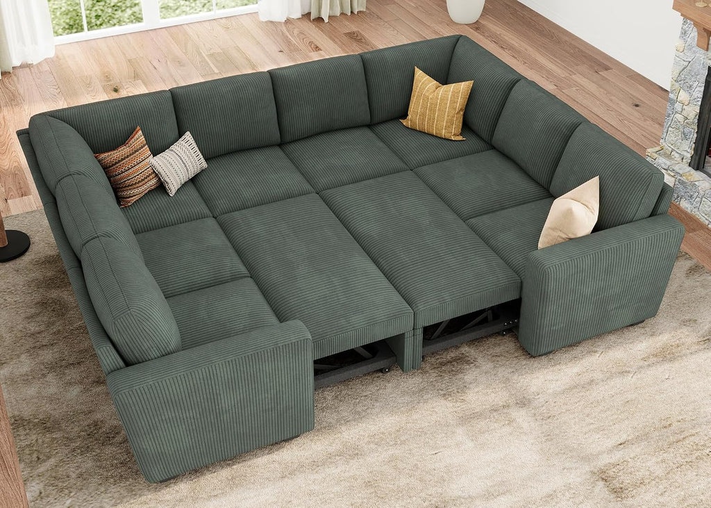 HONBAY Modular Sectional Pull Out Couch Bed, Corduroy Sleeper Sofa with Storage Seats, Oversized U Shaped Sectional Couches for Living Room, Green