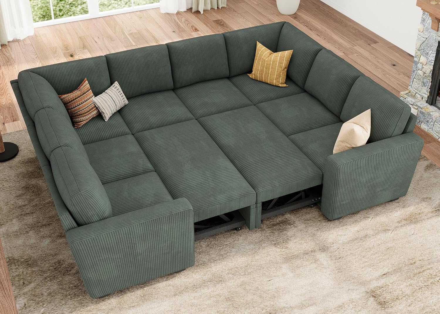 HONBAY Modular Sectional Pull Out Couch Bed, Corduroy Sleeper Sofa with Storage Seats, Oversized U Shaped Sectional Couches for Living Room, Green