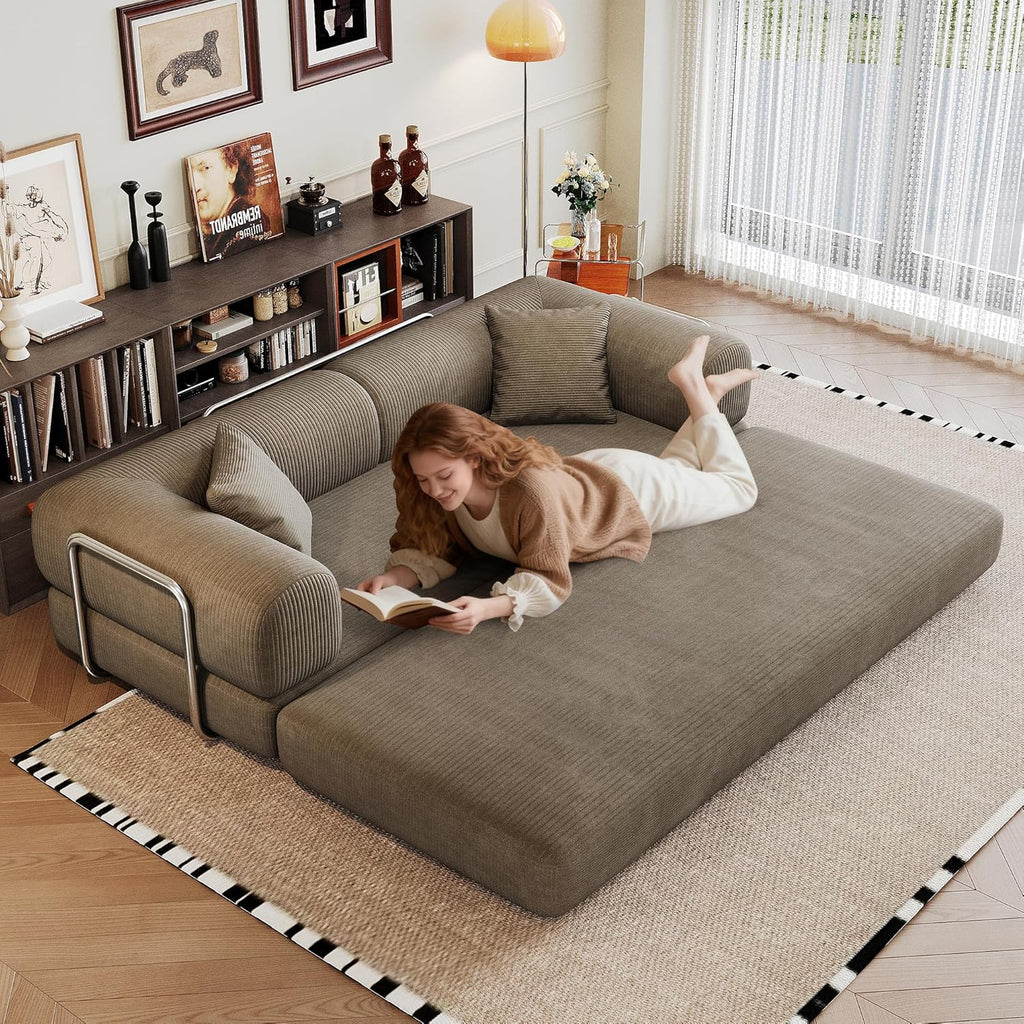 79' Convertible Sofa Bed, Corduroy Folding Pull Out Couch with Pillows, No Assembly Modern Boneless Couch Compression Sofa in Box, Floor Sofa with Support Rods for Living Room,Camel