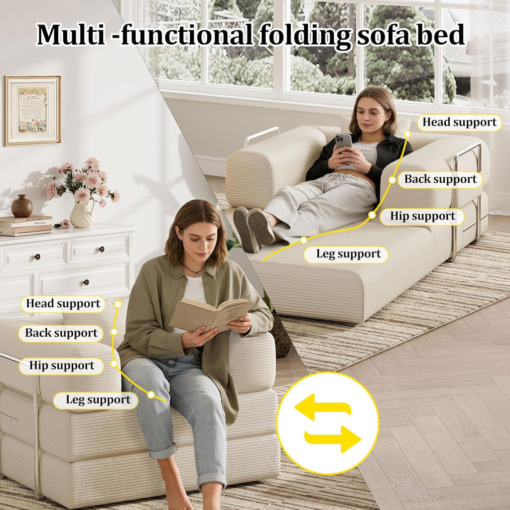 BSHOMGI Folding Sofa Bed, 2 in 1 Convertible Sofas to Lounger Comfy Single Bean Bag Chair Floor Portable Foldable Sleeper Lazy Futon Couch Chair for Bedroom, Living Room (Beige, 35.43' Single Sofa)