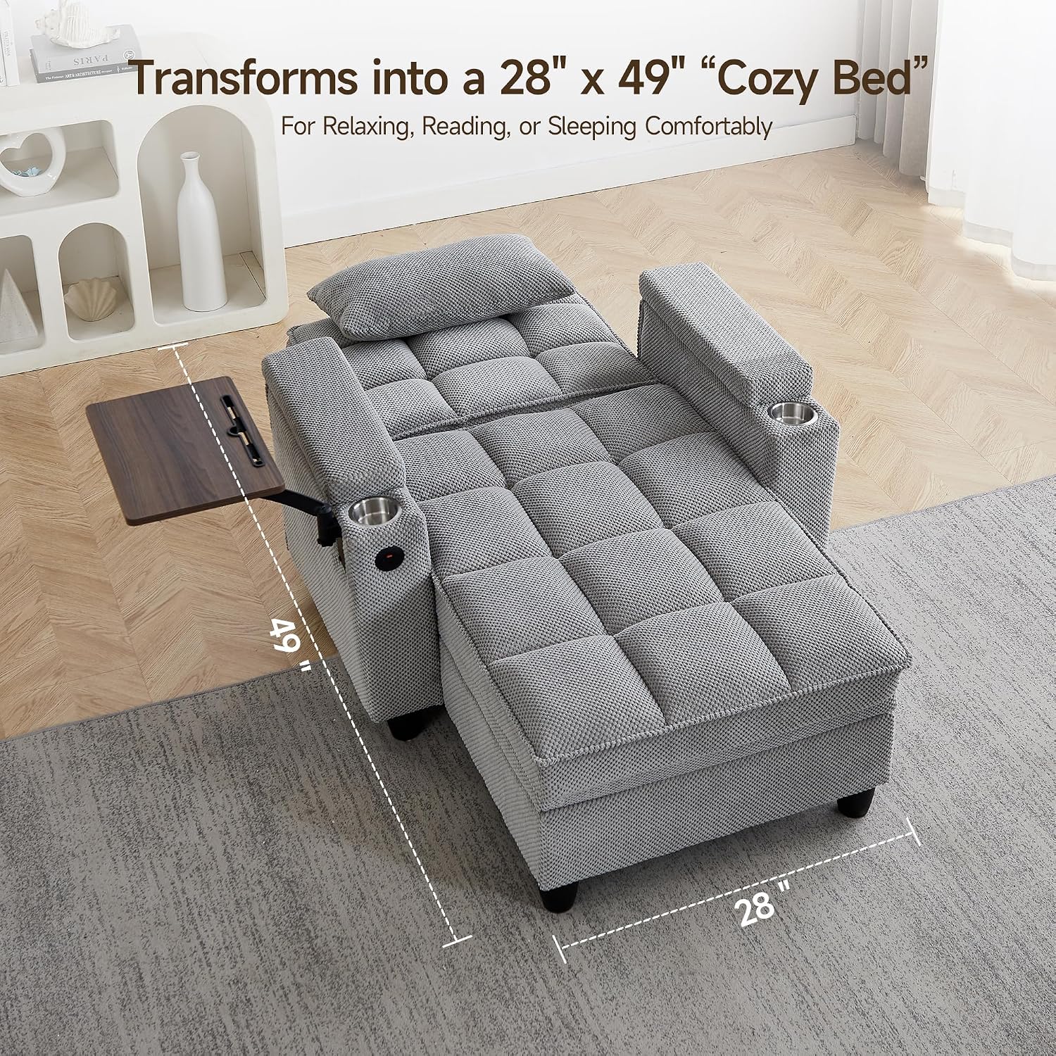 oaaktu Single Modern Comfy Upholstered Chaise Lounge Sofa Chair with Rotating Side Table,Storage,Pillow,USB Charging Ports and Adjustable Backrest Perfect for Living Room, Small Spaces (Light Gray)