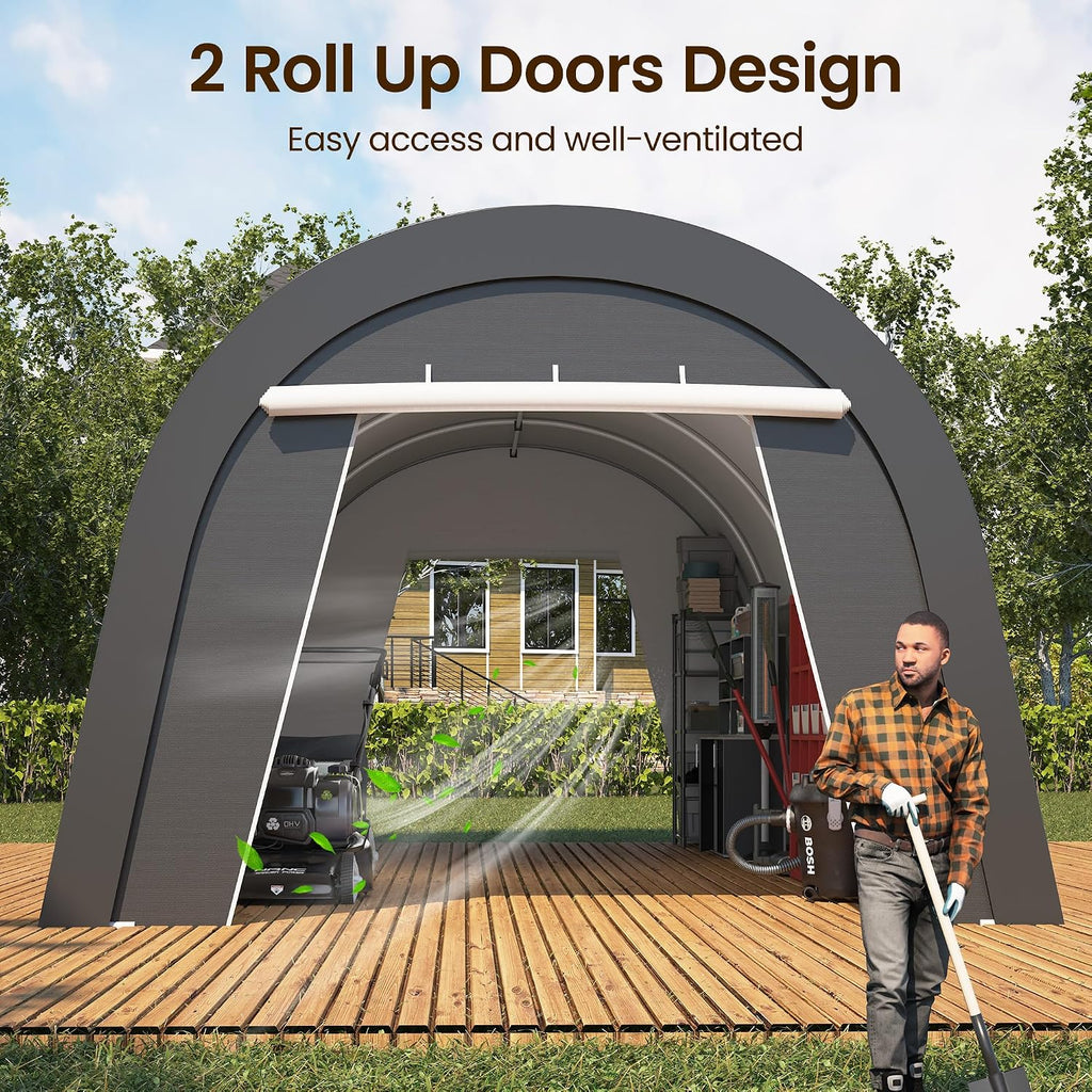 Kiss the Water Domed Carport with 4 Cloth Bags, Portable Garage with 2 Roll-up Doors, Heavy Duty Car Canopy Party Tent, All-Season Storage Shelter Shed for Boat, Truck, or Garden Tools, 12' x 25'