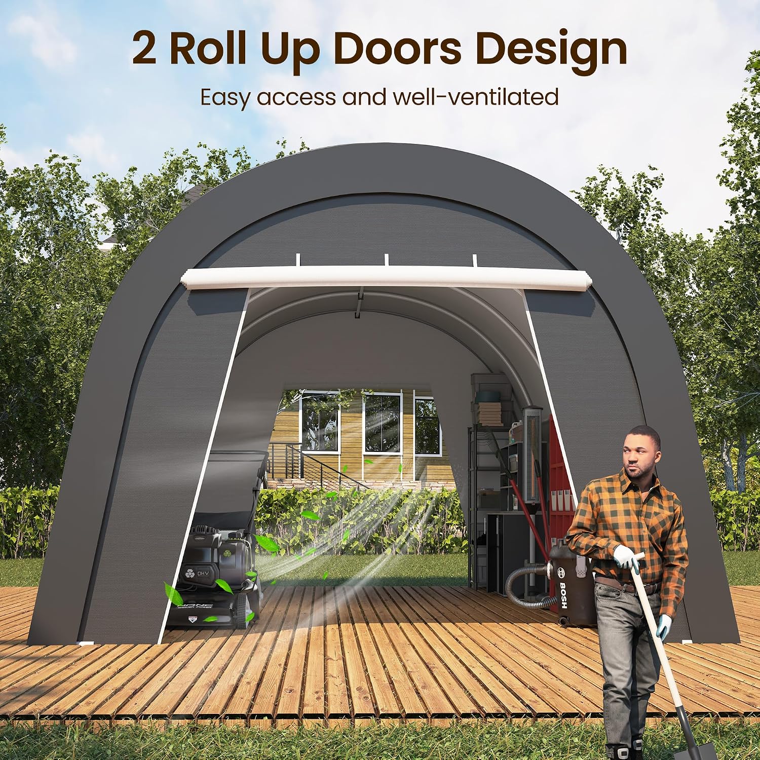 Kiss the Water Domed Carport with 4 Cloth Bags, Portable Garage with 2 Roll-up Doors, Heavy Duty Car Canopy Party Tent, All-Season Storage Shelter Shed for Boat, Truck, or Garden Tools, 12' x 25'