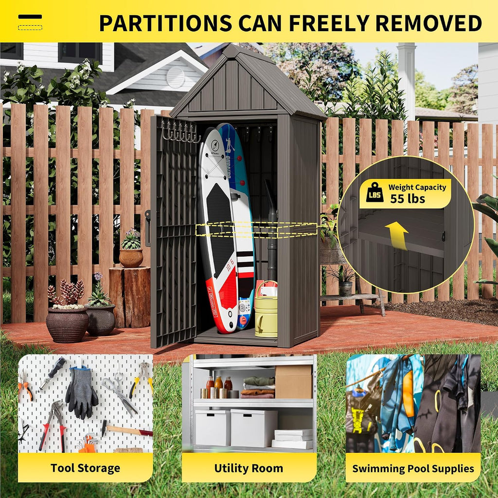 Fancyango Outdoor Resin Storage Cabinet Sturdy All-Weather Shed with Removable Shelves Lock Ring & Reinforced Floor – for Garden Patio Lawn (Grey)