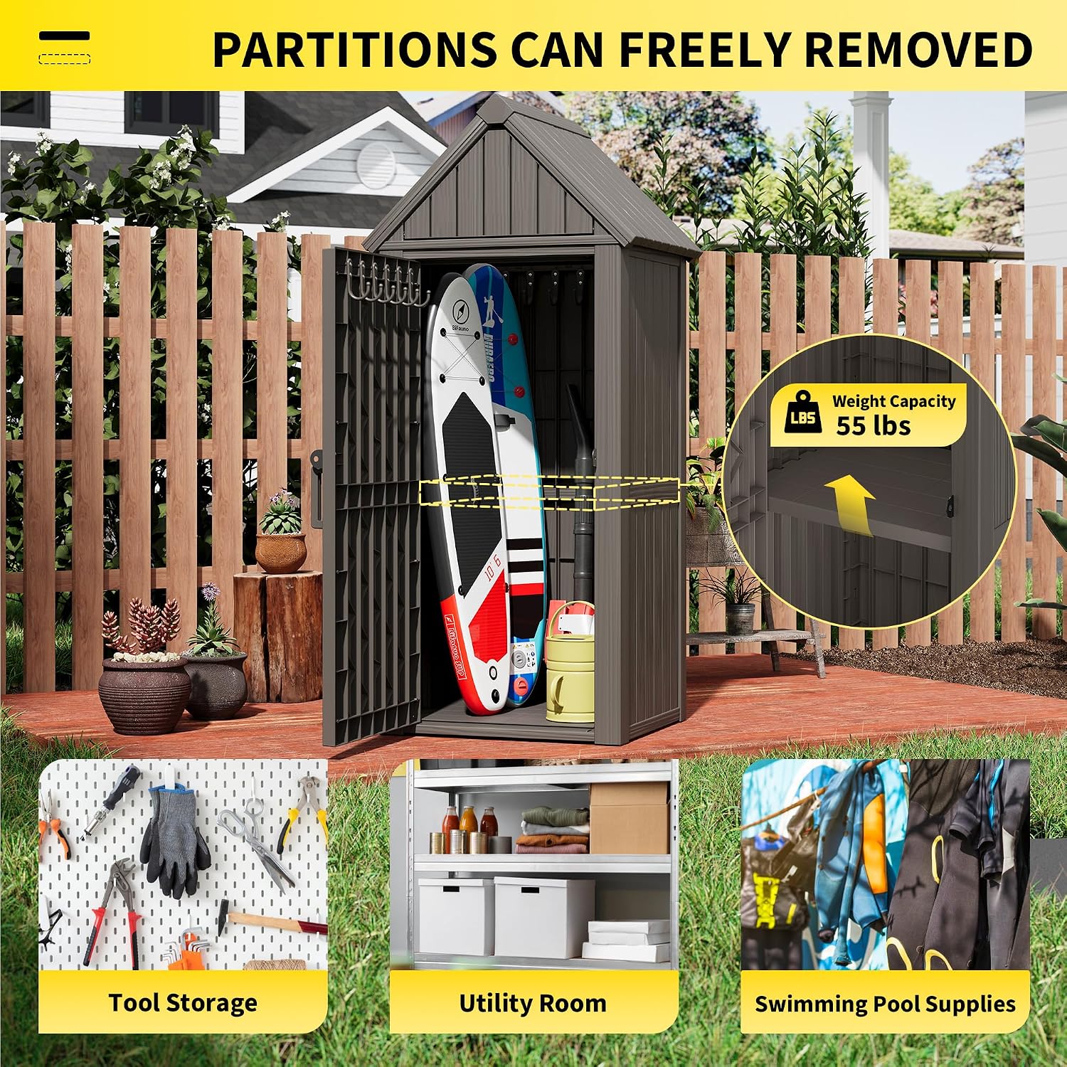 Fancyango Outdoor Resin Storage Cabinet Sturdy All-Weather Shed with Removable Shelves Lock Ring & Reinforced Floor – for Garden Patio Lawn (Grey)