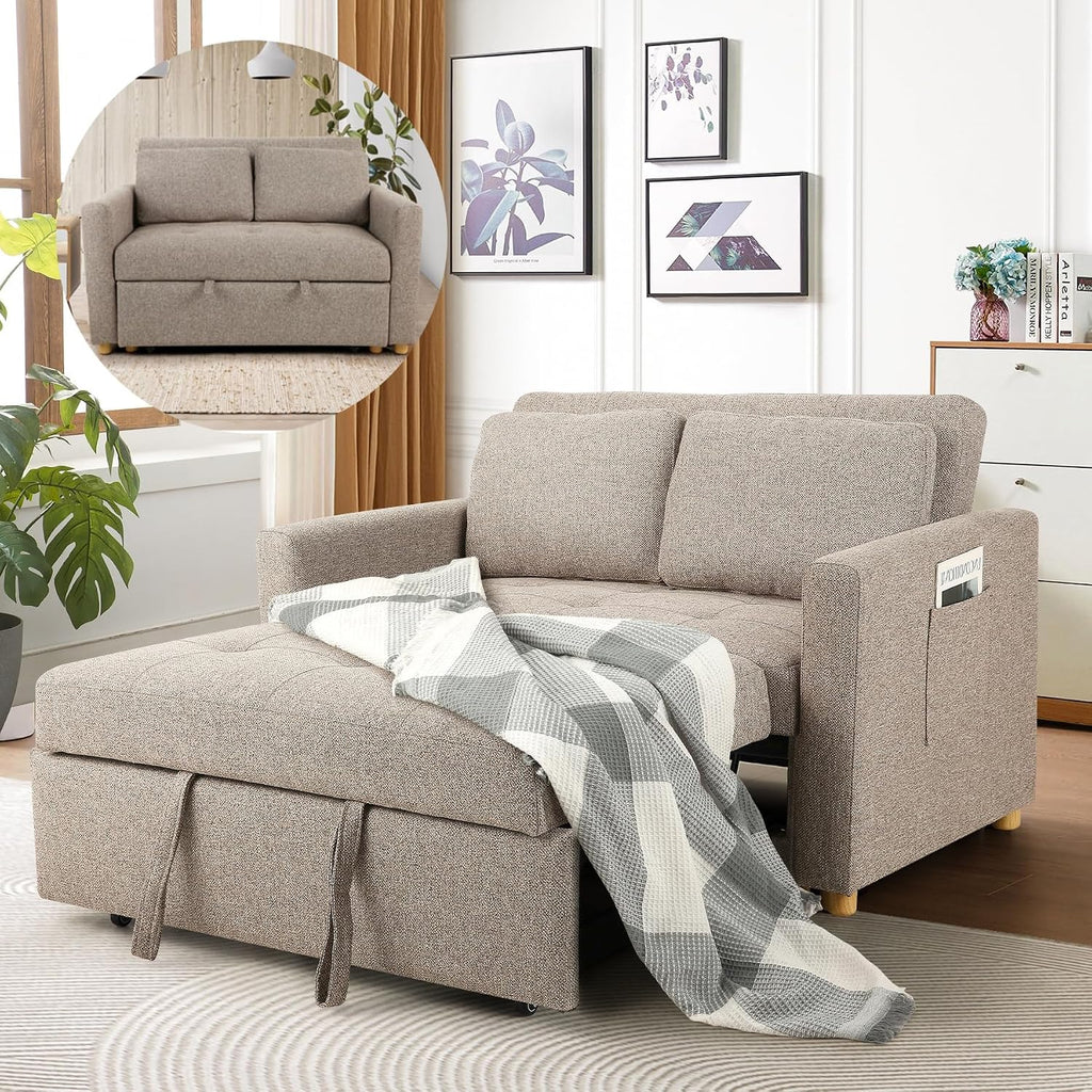 SEJOV 3-in-1 Convertible Sofa Bed, Linen Fabric Sleeper Couch Pull Out Bed, 49' 2-Seater Loveseat Futon Sofa with Spring Support, Adjustable Backrest and Pillows for Small Spaces, Living Room