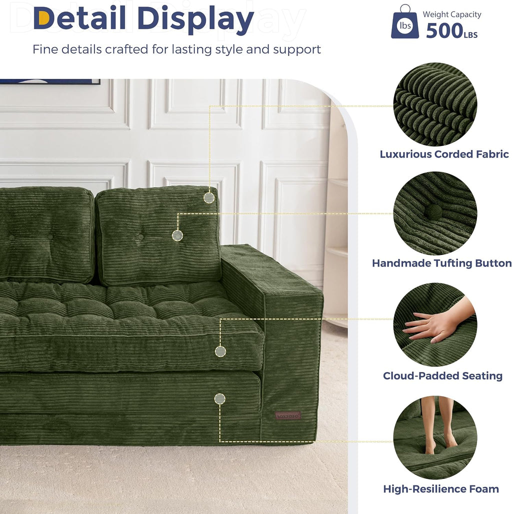 MAXYOYO Convertible Sofa Bed, Pull Out Loveseat Sleeper Sofa, 2 in 1 Folding Couch Bed, Fold Out Floor Couch with Pillows for Living Room Bedroom Lounge, Dark Green